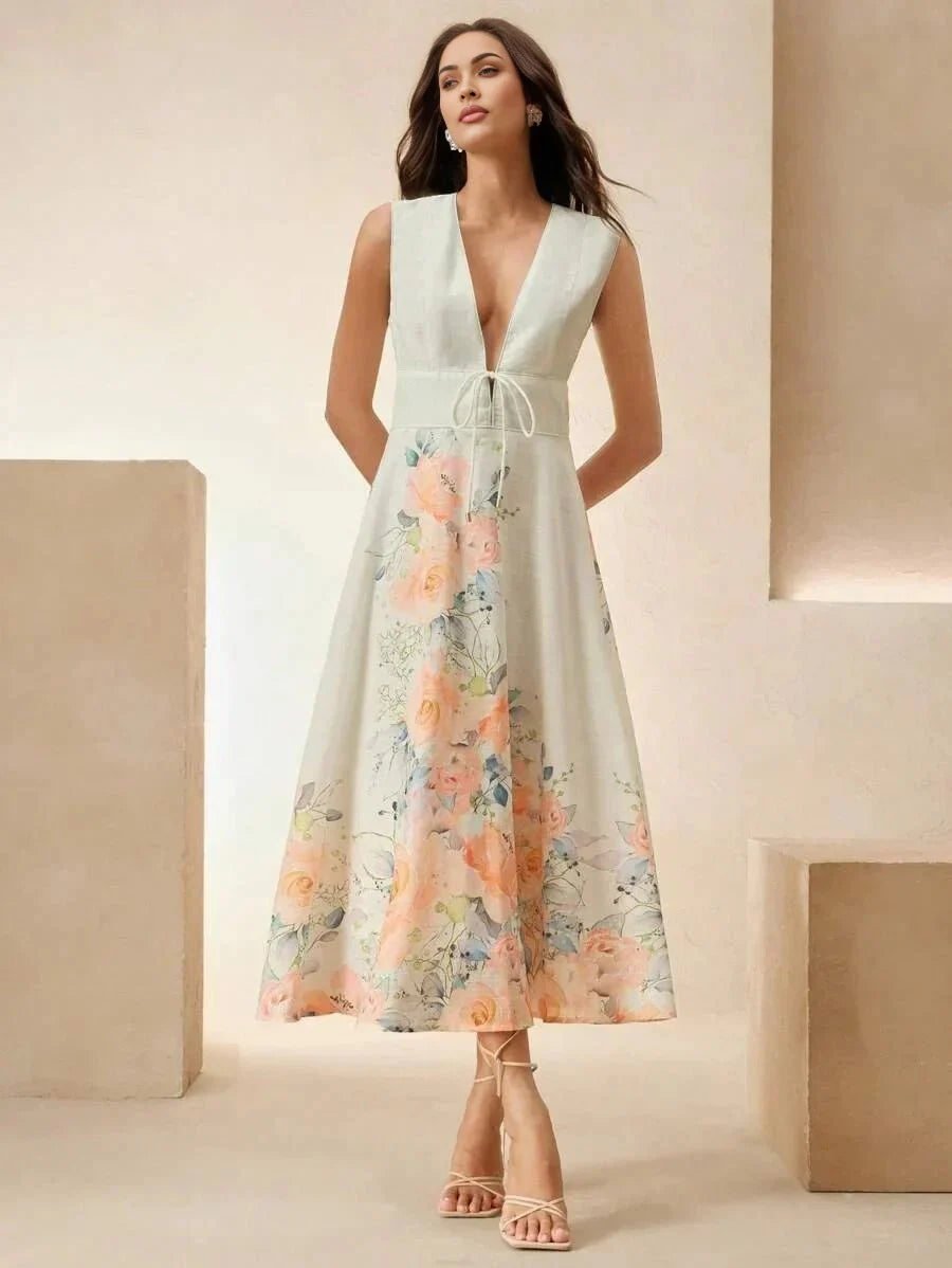 Tiziana Midi Dress - Deep V Neck - High Waist - A Line - Elegant - Backless