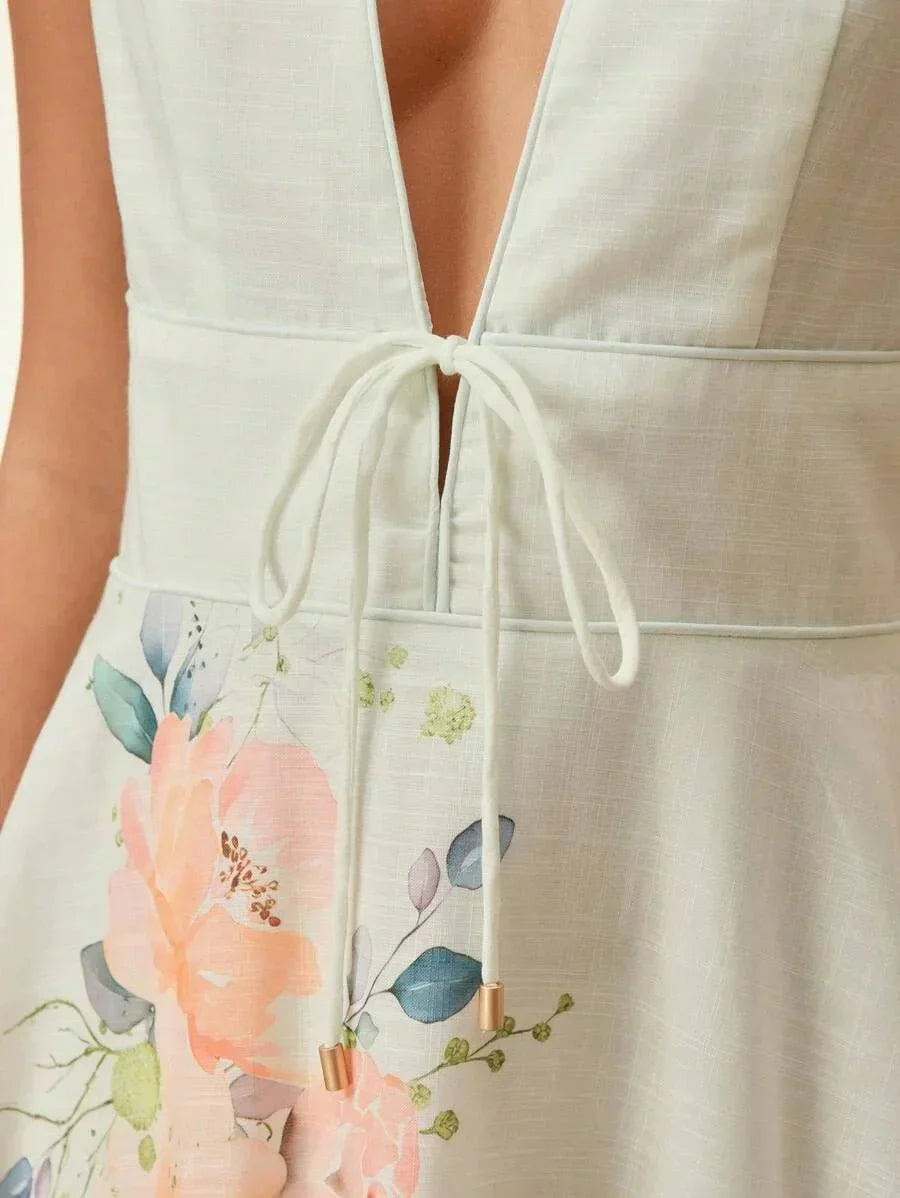 Tiziana Midi Dress - Deep V Neck - High Waist - A Line - Elegant - Backless