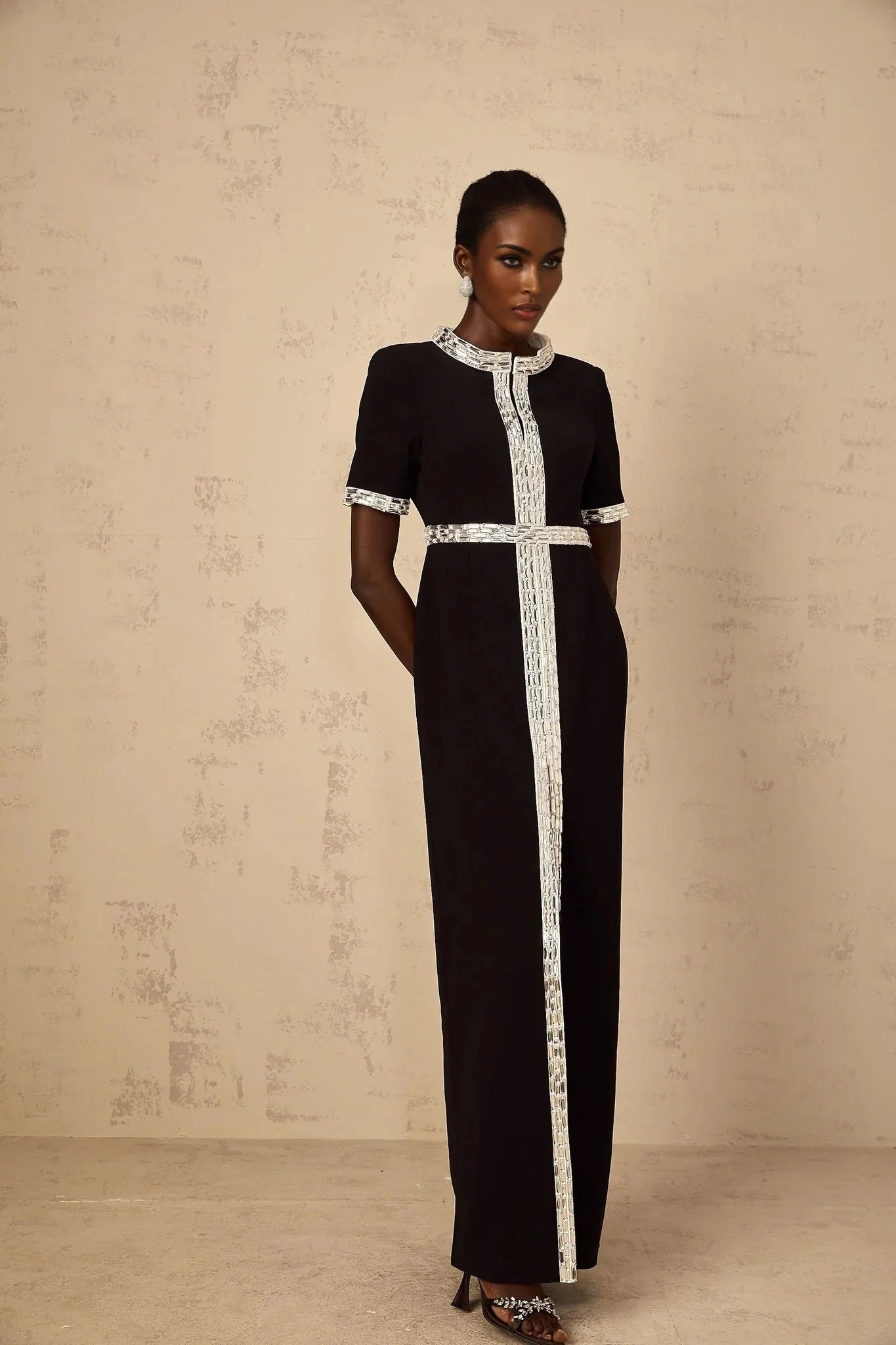 Tonia Maxi Dress Black Crystal Embellished Front Slit