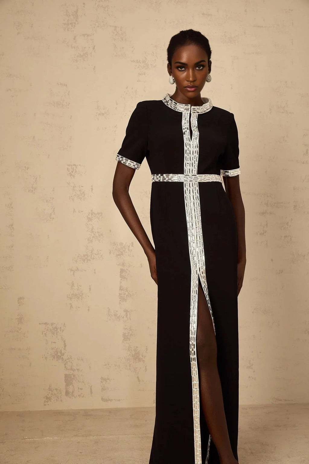 Tonia Maxi Dress Black Crystal Embellished Front Slit