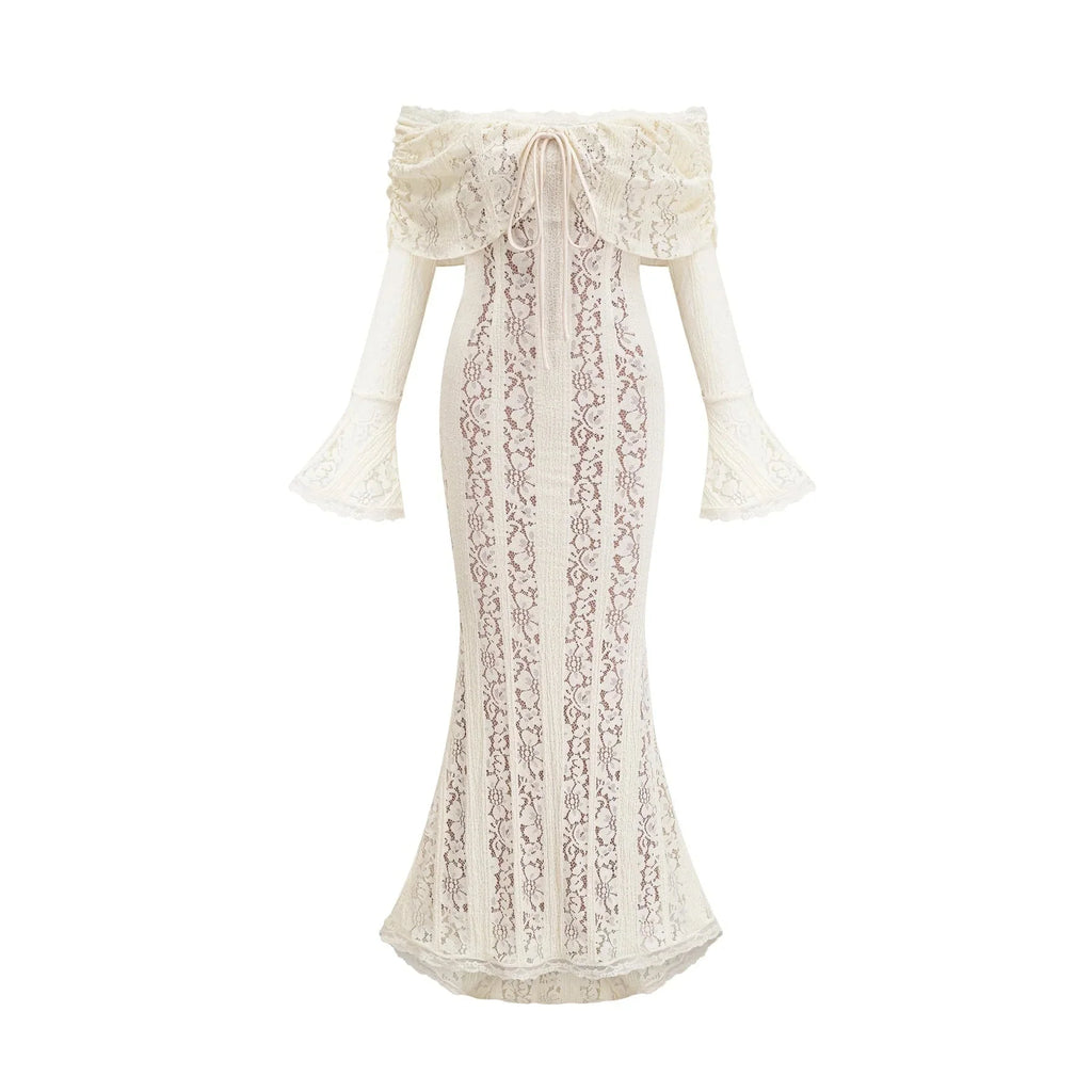 Tonia Maxi Dress Floral Lace Train Design in Neutrals