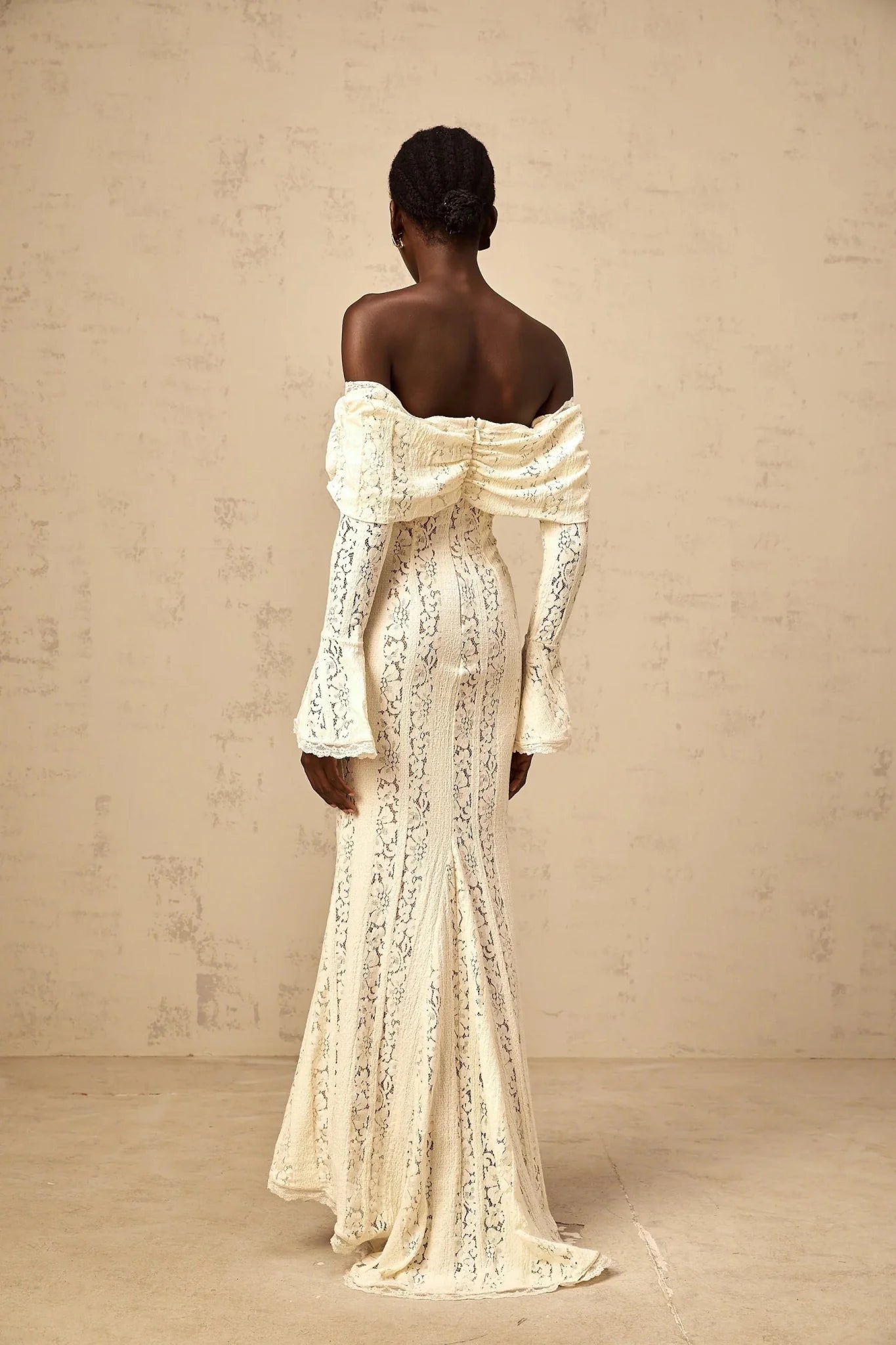Tonia Maxi Dress Floral Lace Train Design in Neutrals