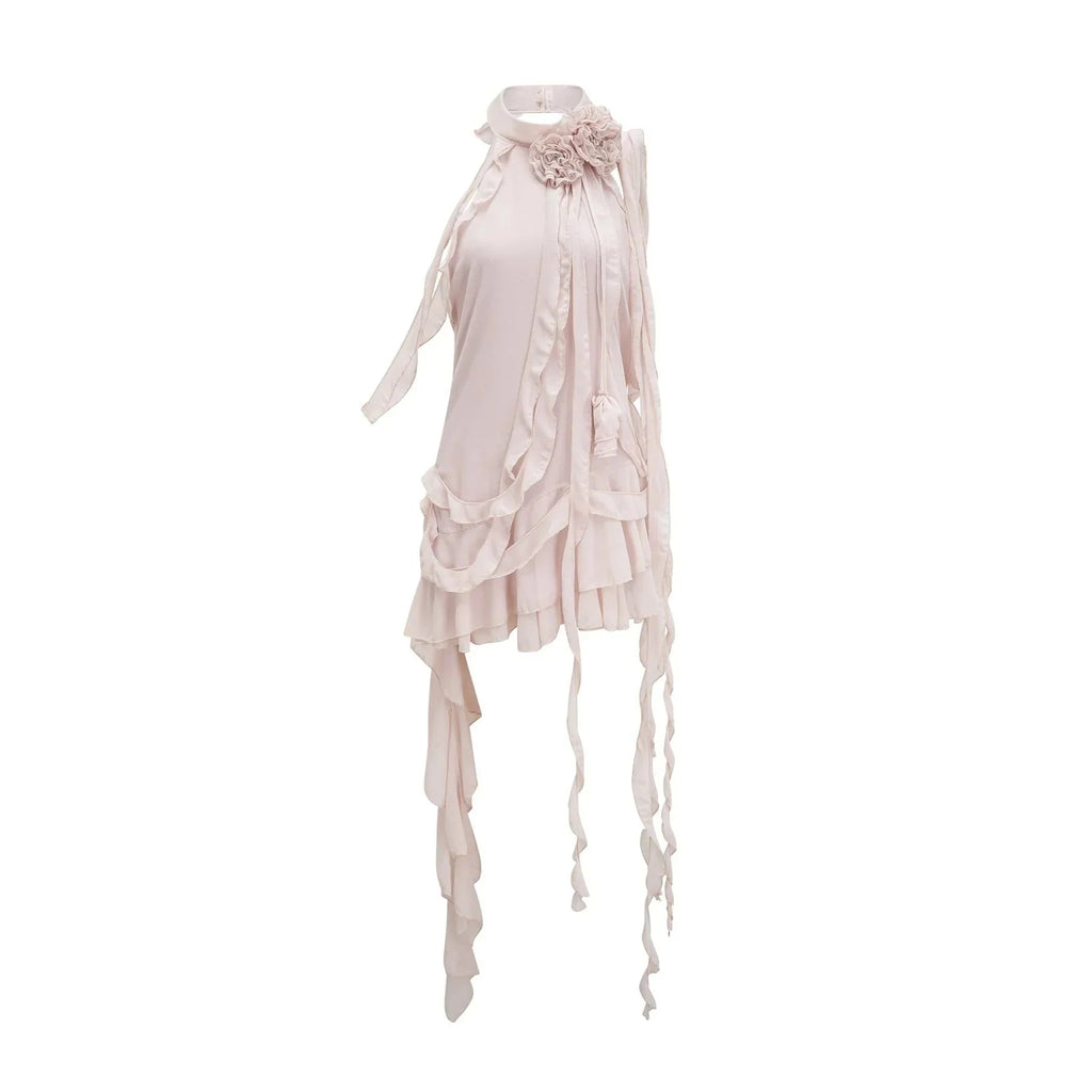 Tonia Mini Dress with High Neck and Floral Trim