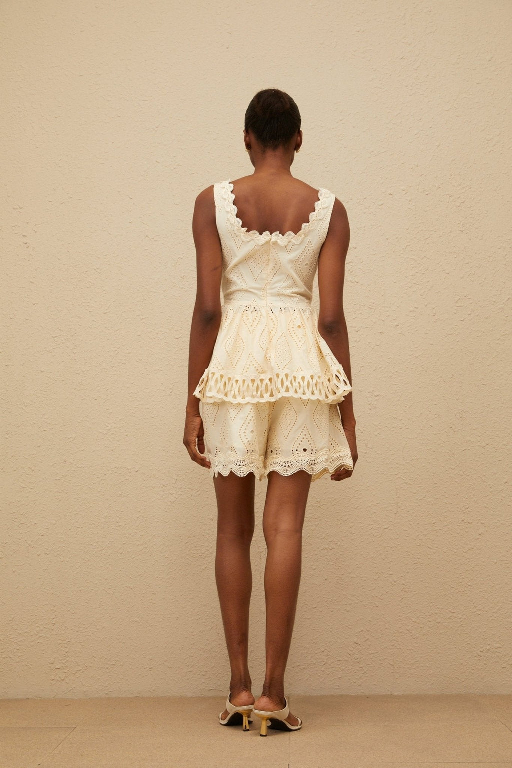 Top & Shorts Set - Square Neck - Embroidered Detailing - Cut - Out Design - Peplum Waist - High Rise