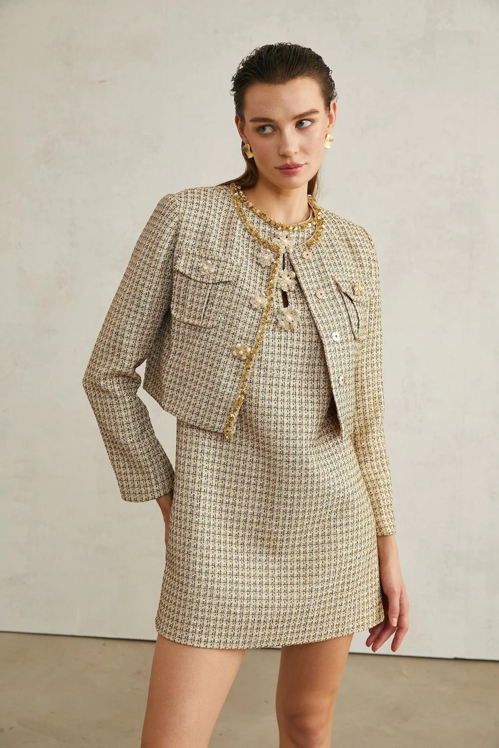 Trinity Jacket Trinity Sequin Tweed Goldtone Cropped
