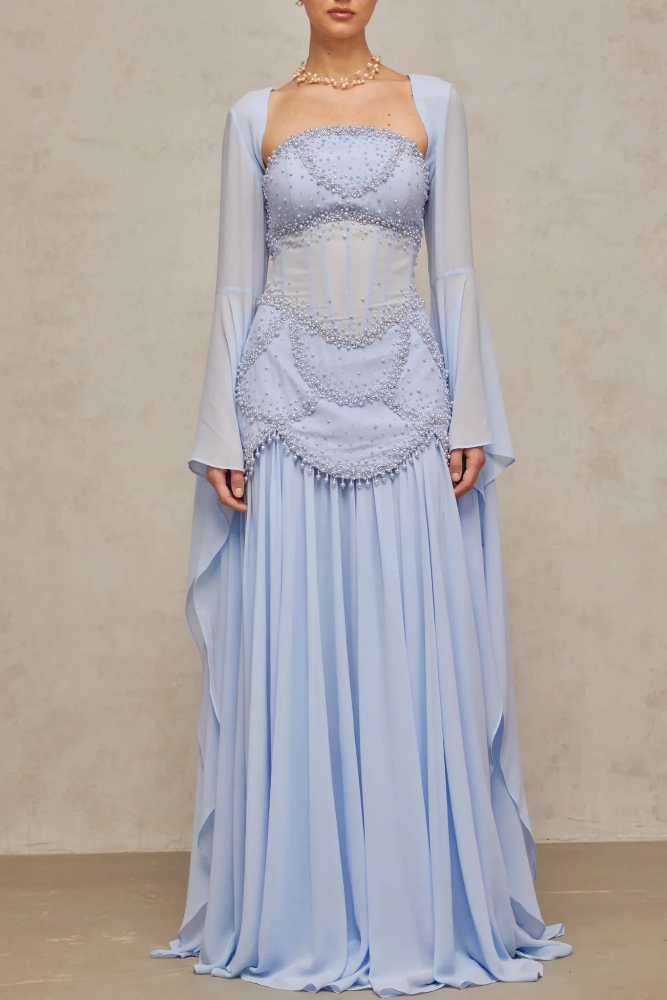 Trinity Maxi Dress Faux - Pearl Embellished Light - Blue