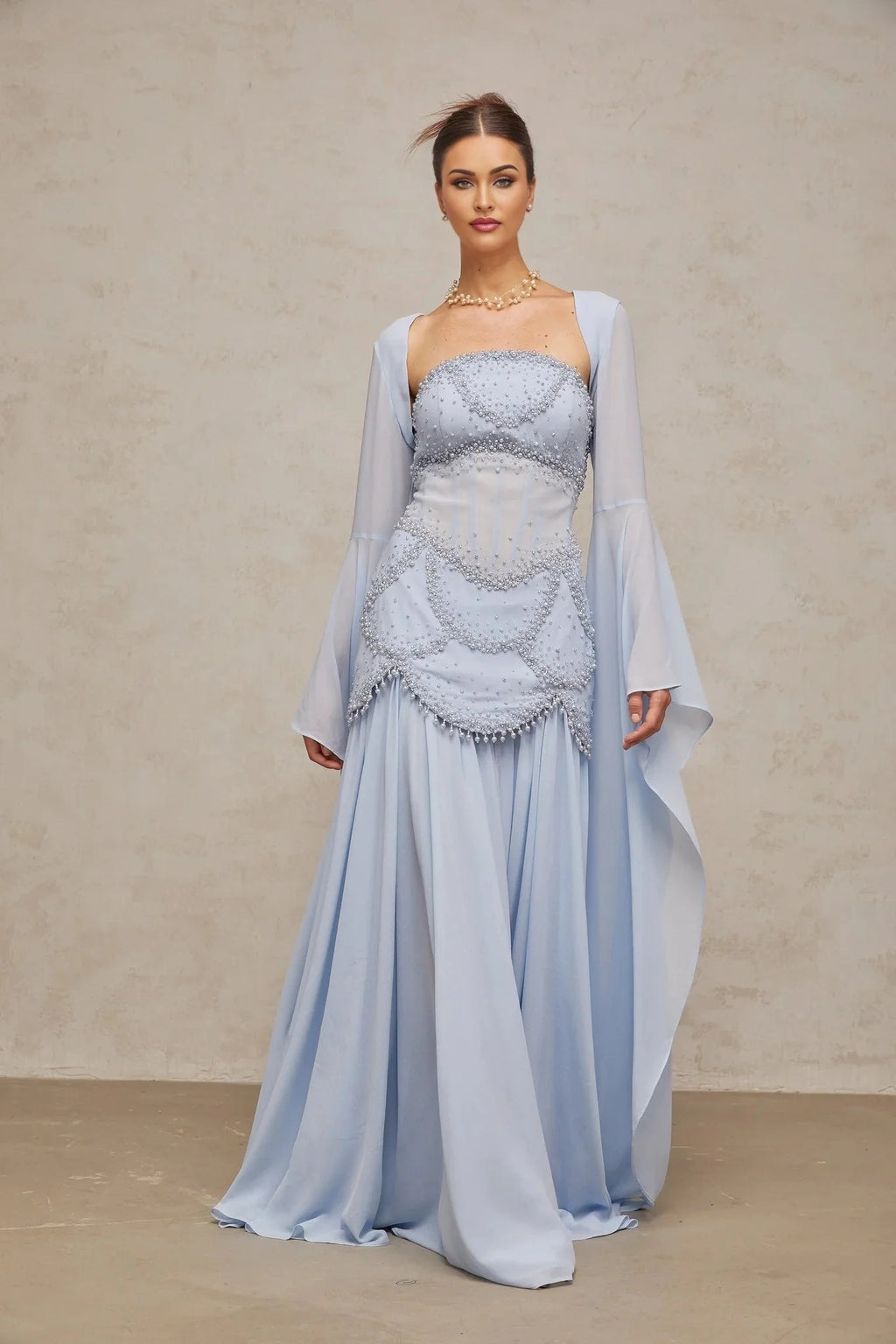 Trinity Maxi Dress Faux - Pearl Embellished Light - Blue