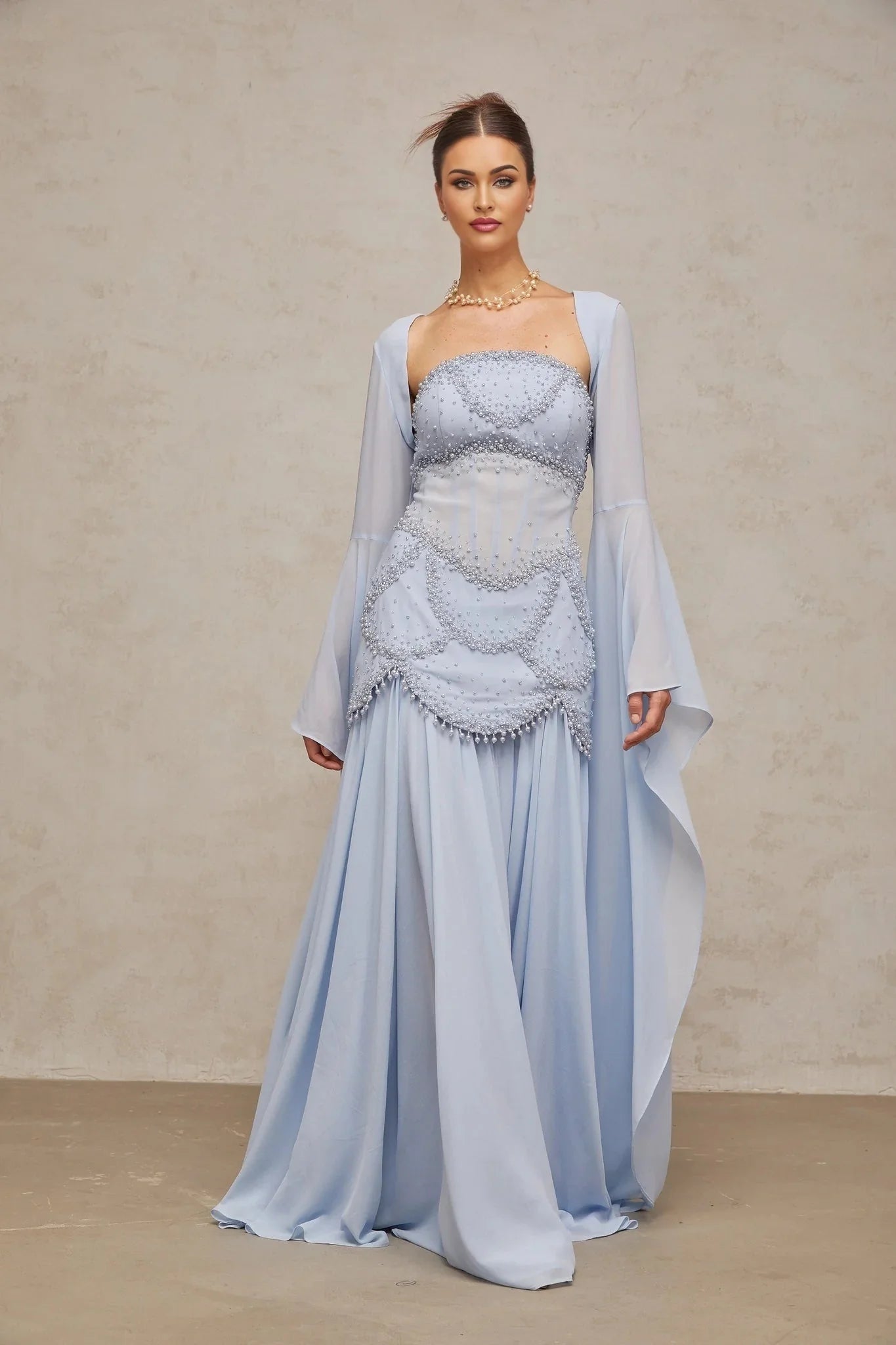 Trinity Maxi Dress Faux - Pearl Embellished Light - Blue