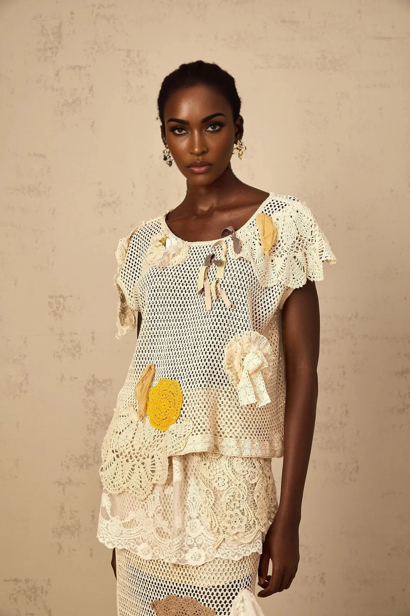 Trinity Top Floral - Lace Cut - Out Bow Detailing Yellow & Neutrals