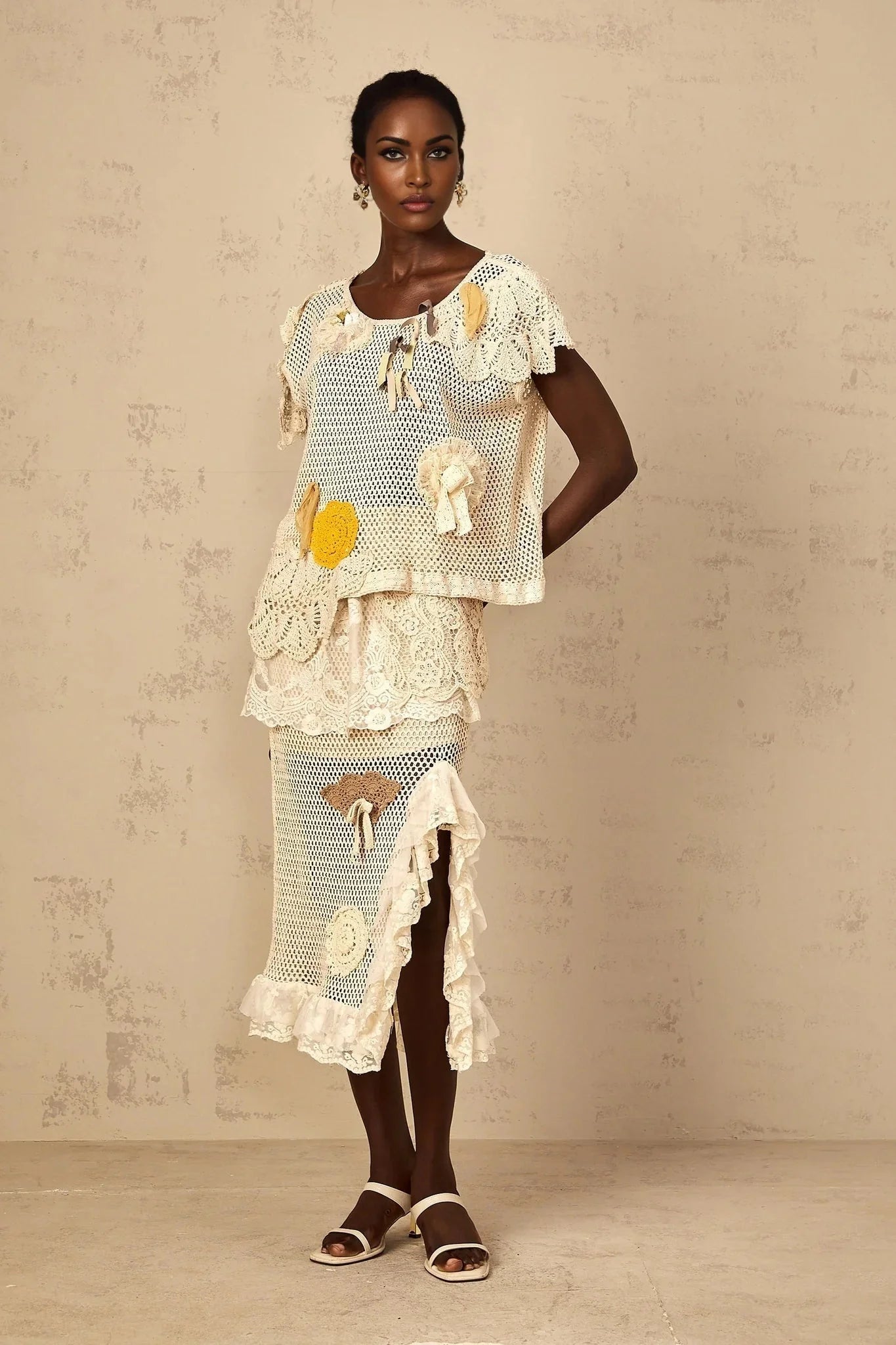 Trinity Top Floral - Lace Cut - Out Bow Detailing Yellow & Neutrals