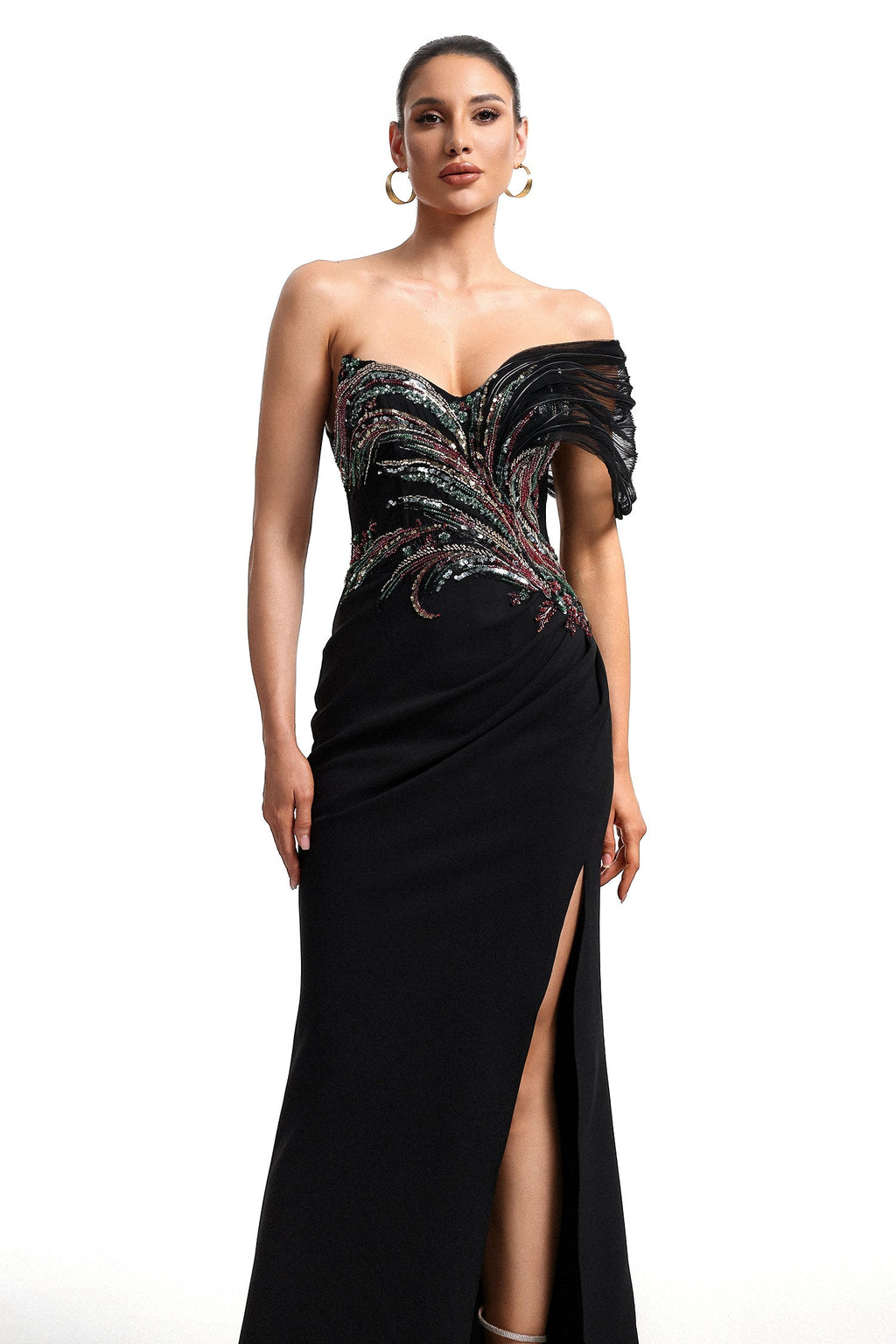 Tullia Black Sequin Embroidered Maxi Dress with Slit Detail
