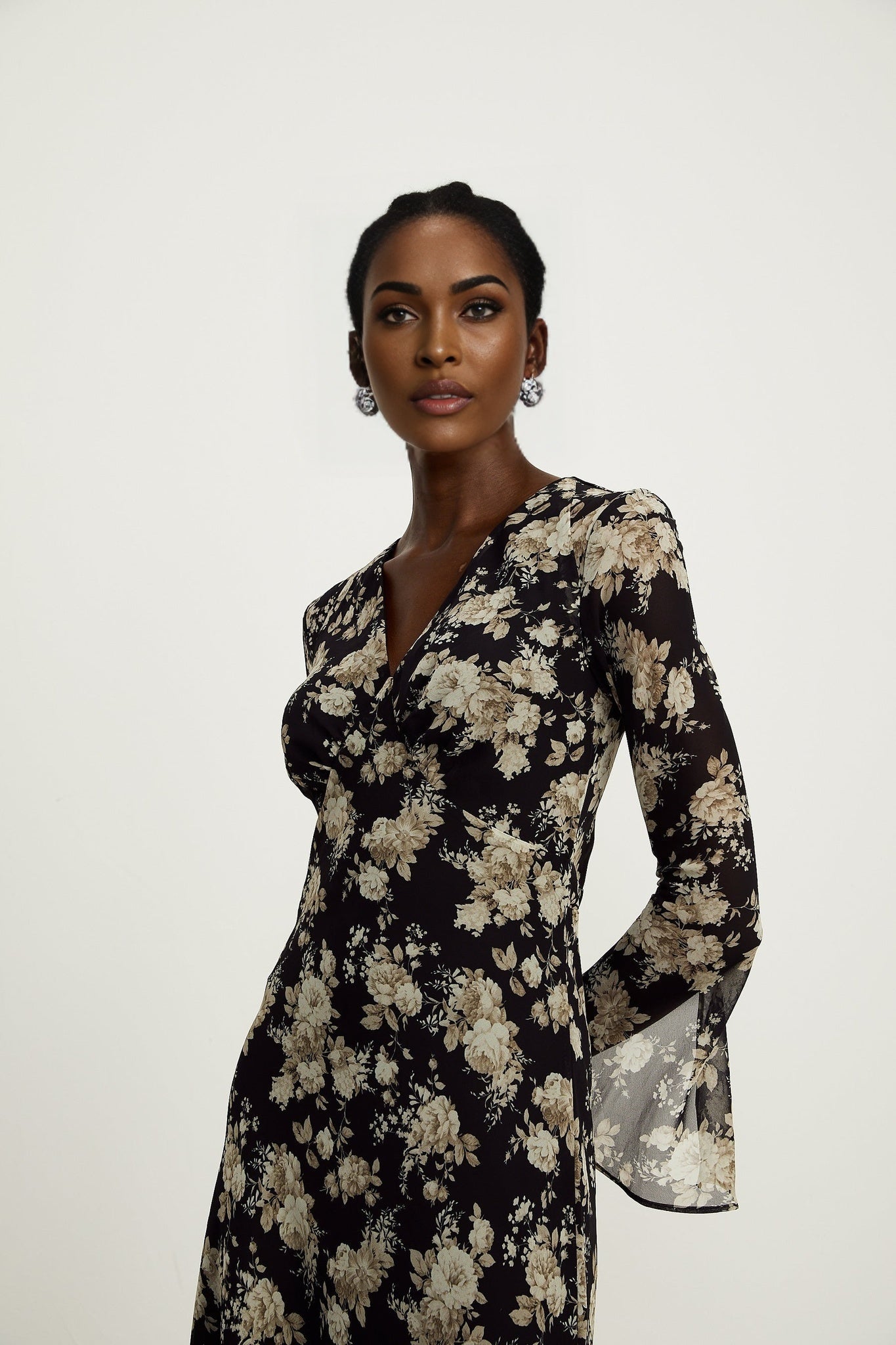 Tullia Floral Print V - Neck Midi Dress with Flared Sleeves