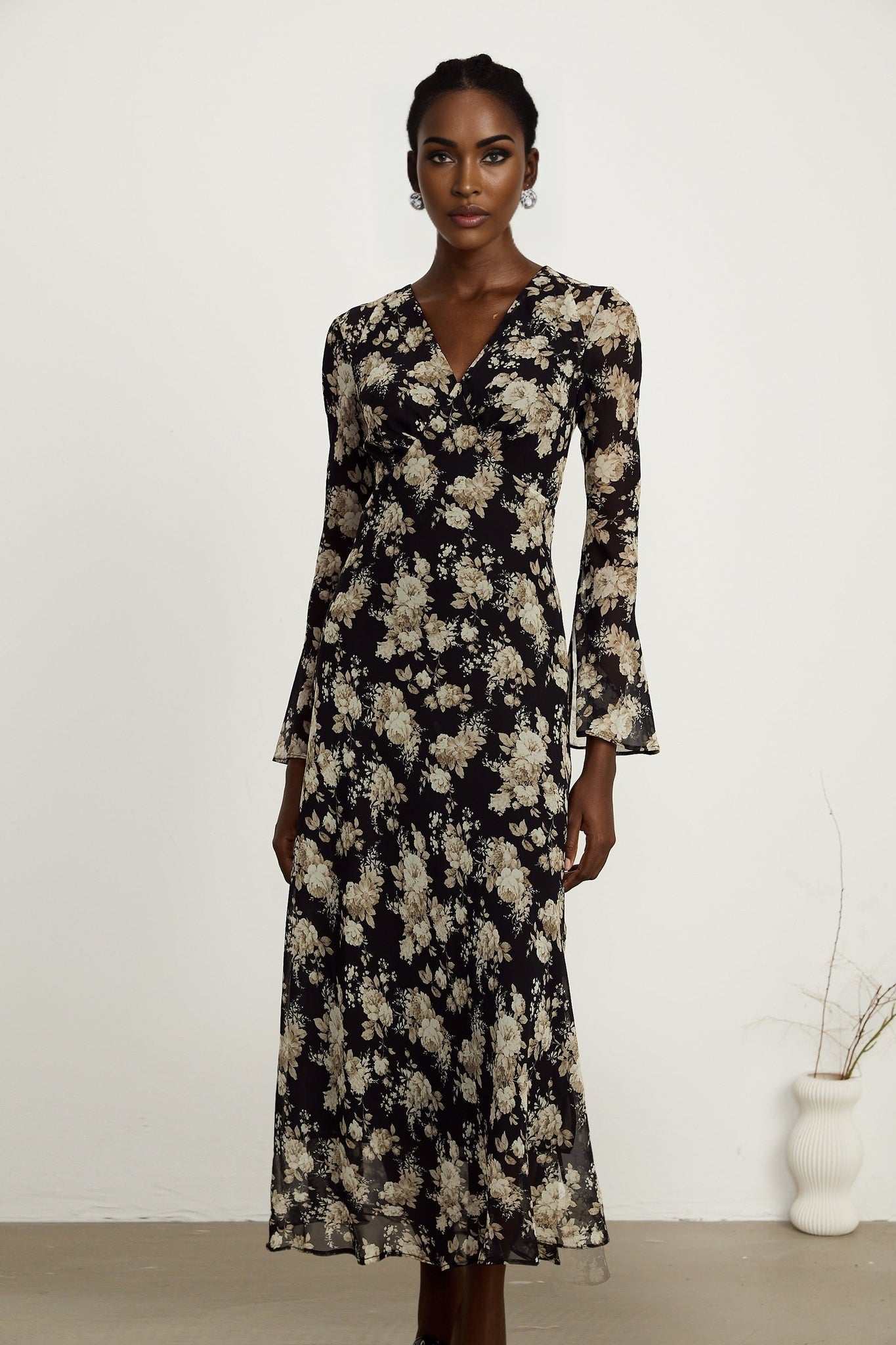Tullia Floral Print V - Neck Midi Dress with Flared Sleeves