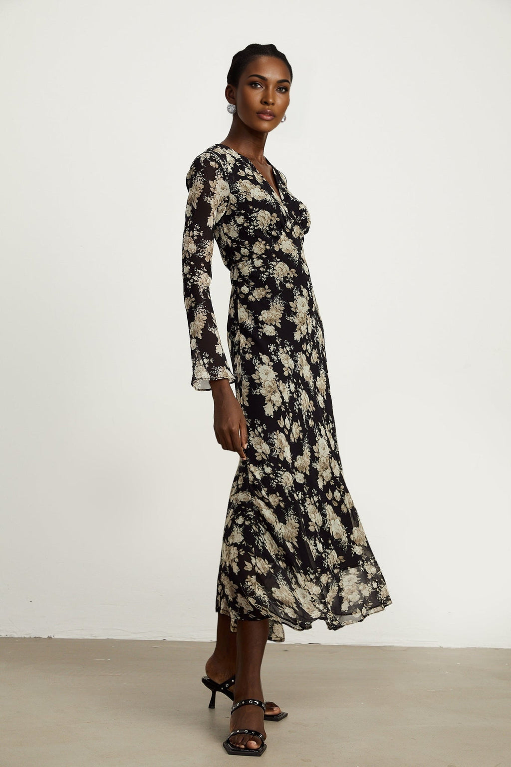 Tullia Floral Print V - Neck Midi Dress with Flared Sleeves