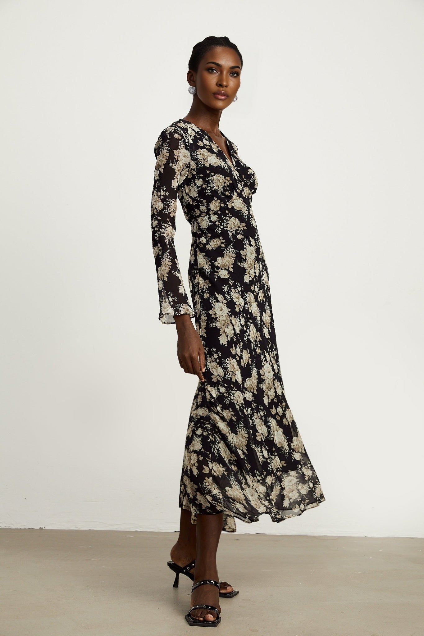 Tullia Floral Print V - Neck Midi Dress with Flared Sleeves