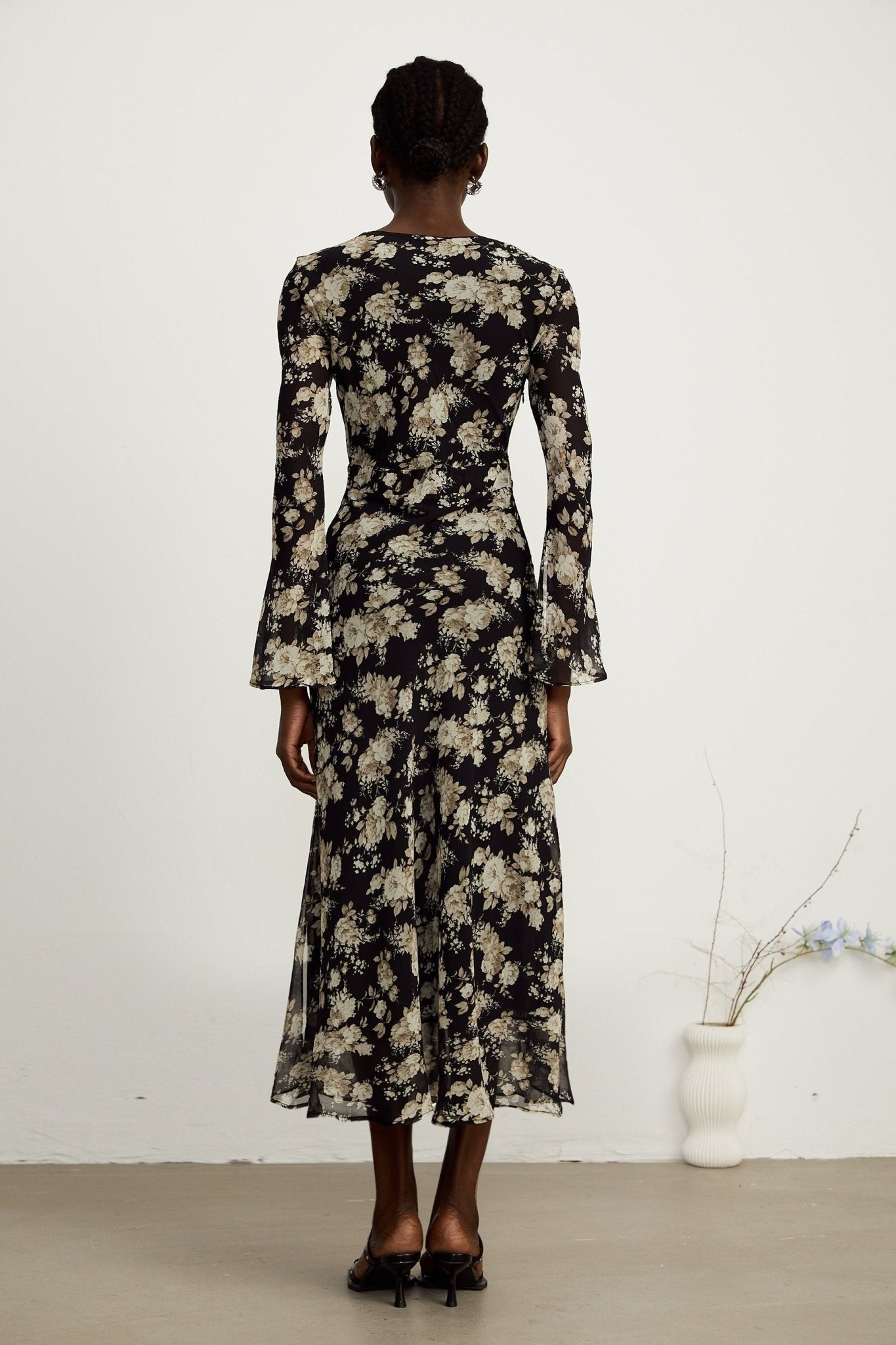 Tullia Floral Print V - Neck Midi Dress with Flared Sleeves