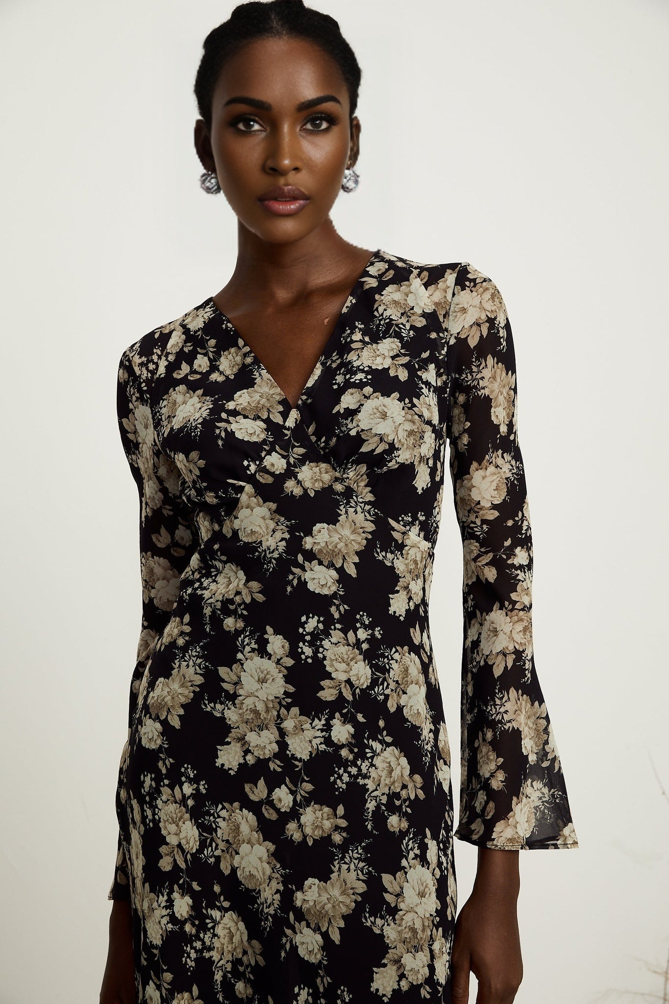 Tullia Floral Print V - Neck Midi Dress with Flared Sleeves