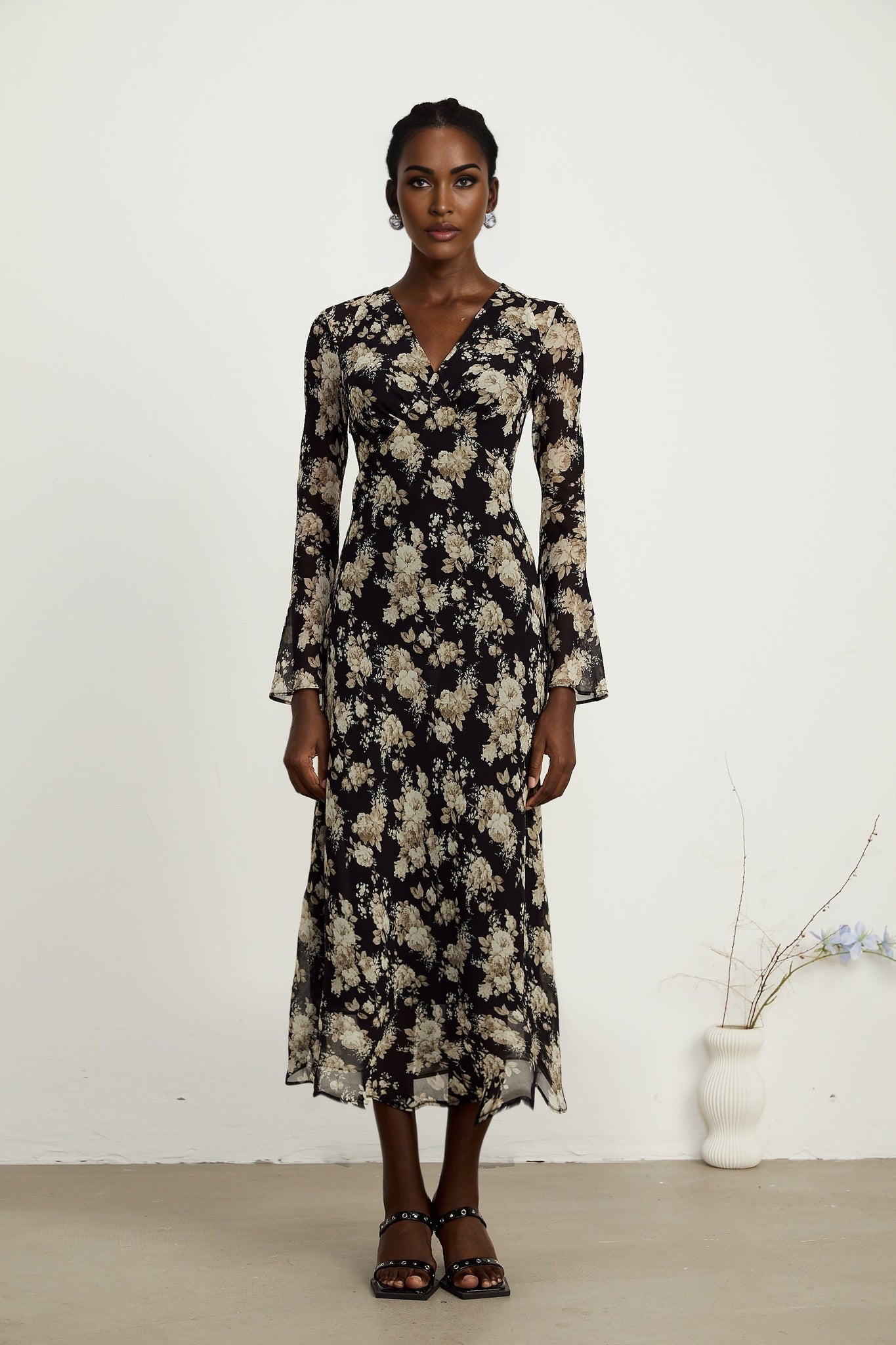 Tullia Floral Print V - Neck Midi Dress with Flared Sleeves