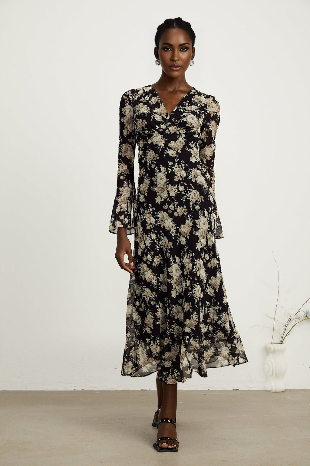 Tullia Floral Print V - Neck Midi Dress with Flared Sleeves