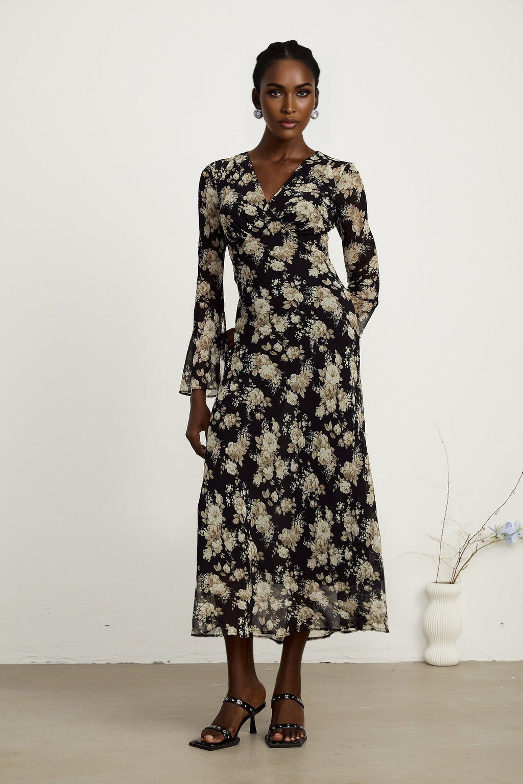Tullia Floral Print V - Neck Midi Dress with Flared Sleeves