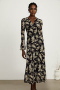Tullia Floral Print V - Neck Midi Dress with Flared Sleeves