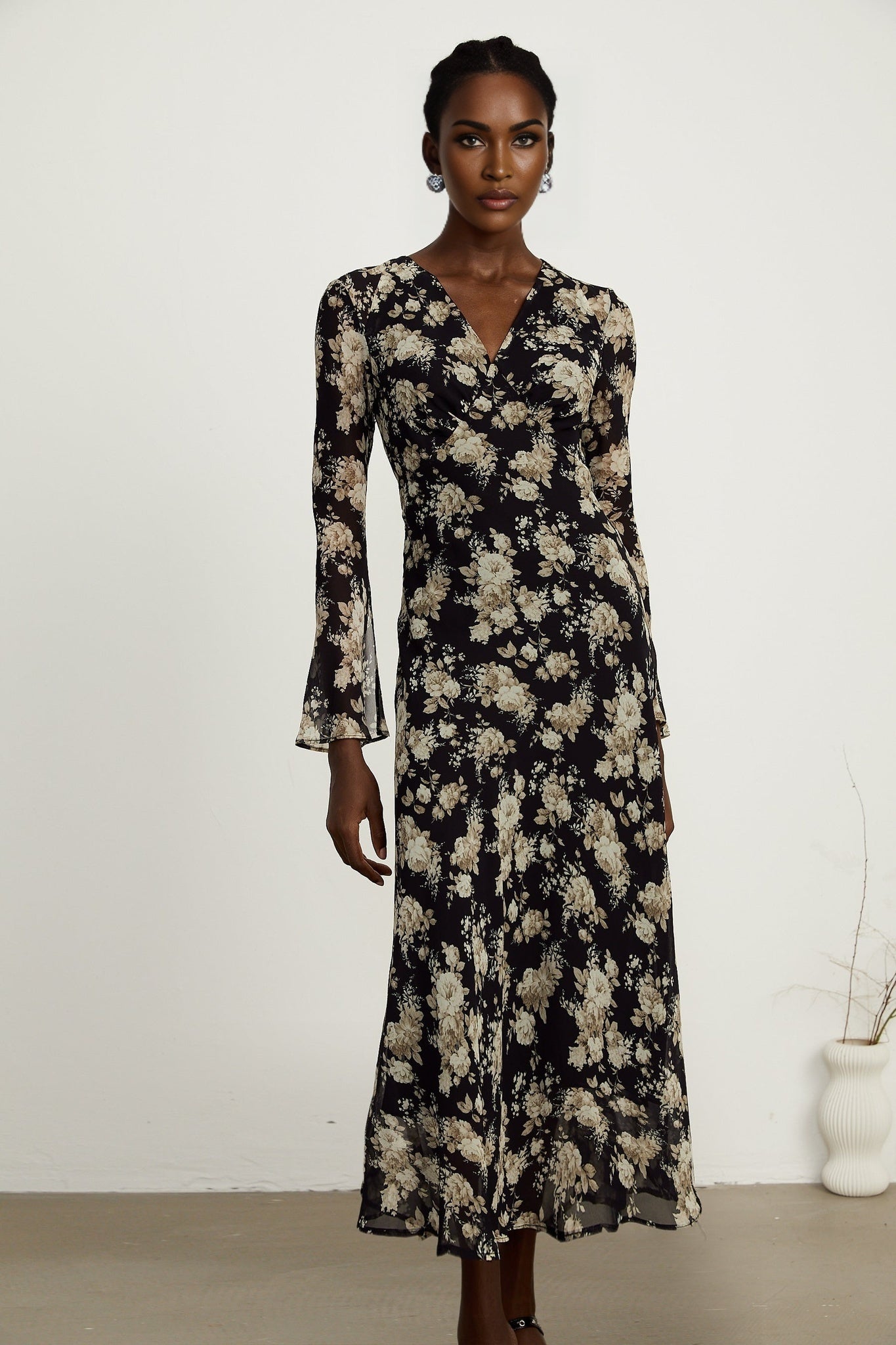 Tullia Floral Print V - Neck Midi Dress with Flared Sleeves