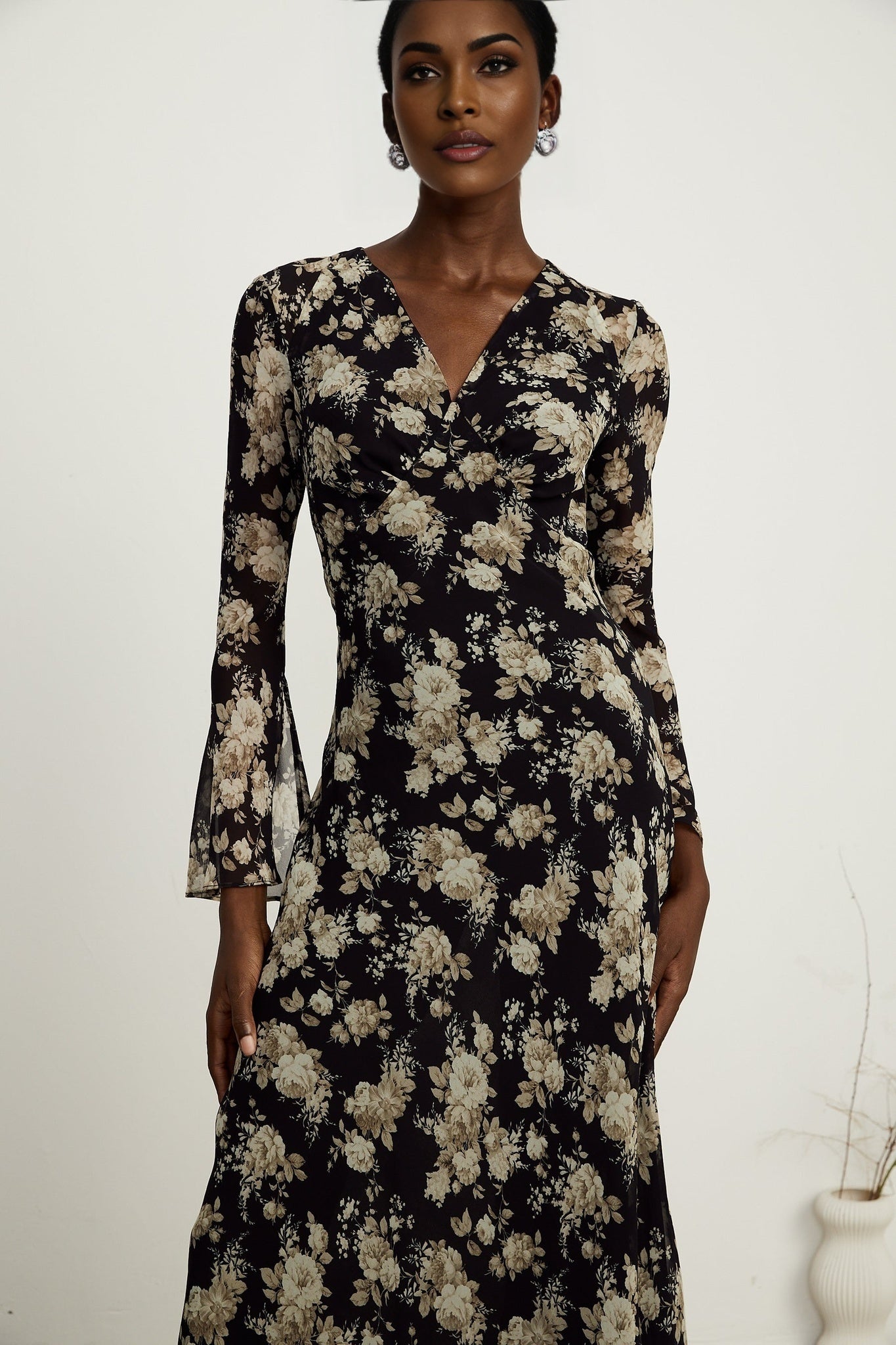 Tullia Floral Print V - Neck Midi Dress with Flared Sleeves