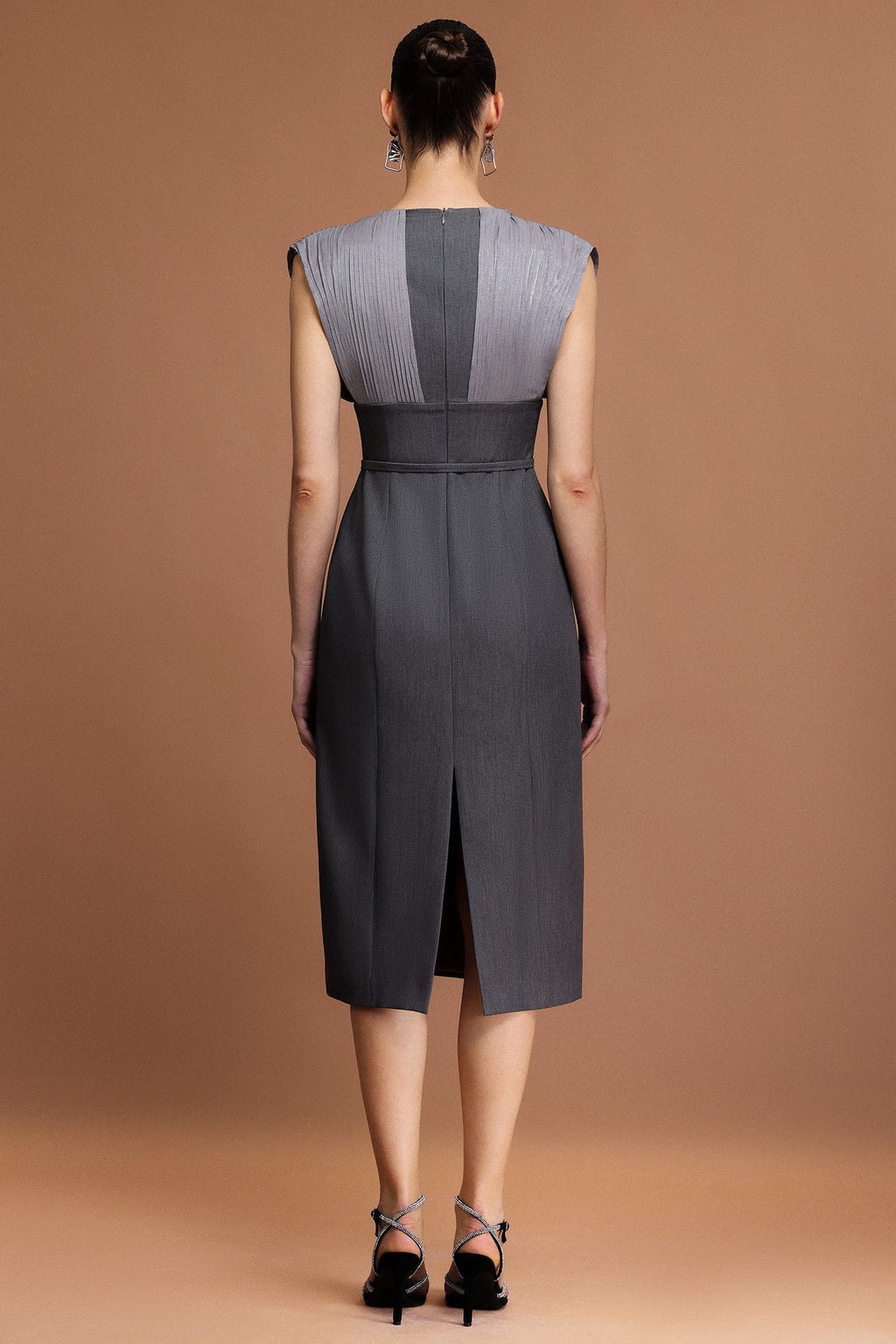Tullia Gray V-neckline draped bodice midi dress with unique folds and stylish belt for formal occasions