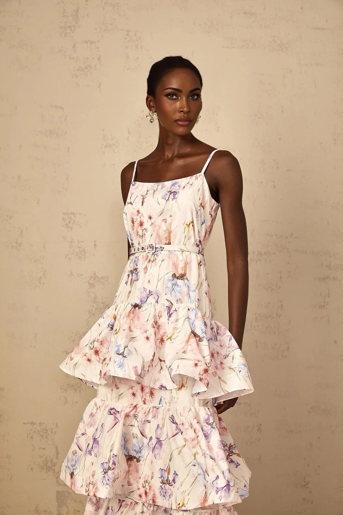 Tullia Maxi Dress White Floral Print Ruffled Tiered & Sleeveless