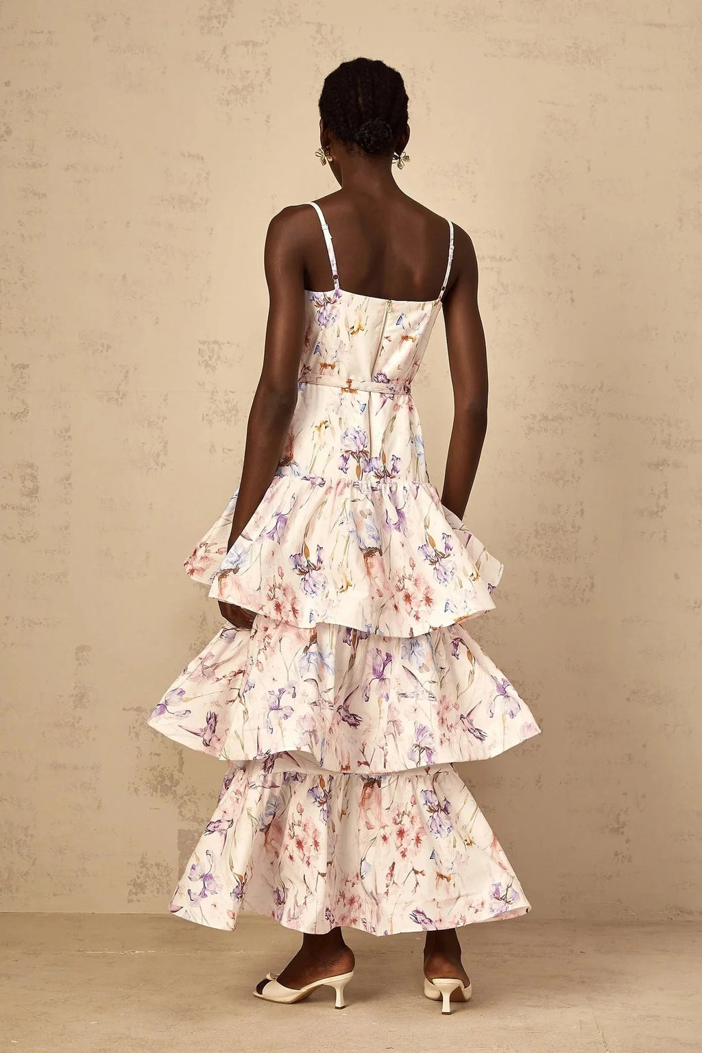 Tullia Maxi Dress White Floral Print Ruffled Tiered & Sleeveless