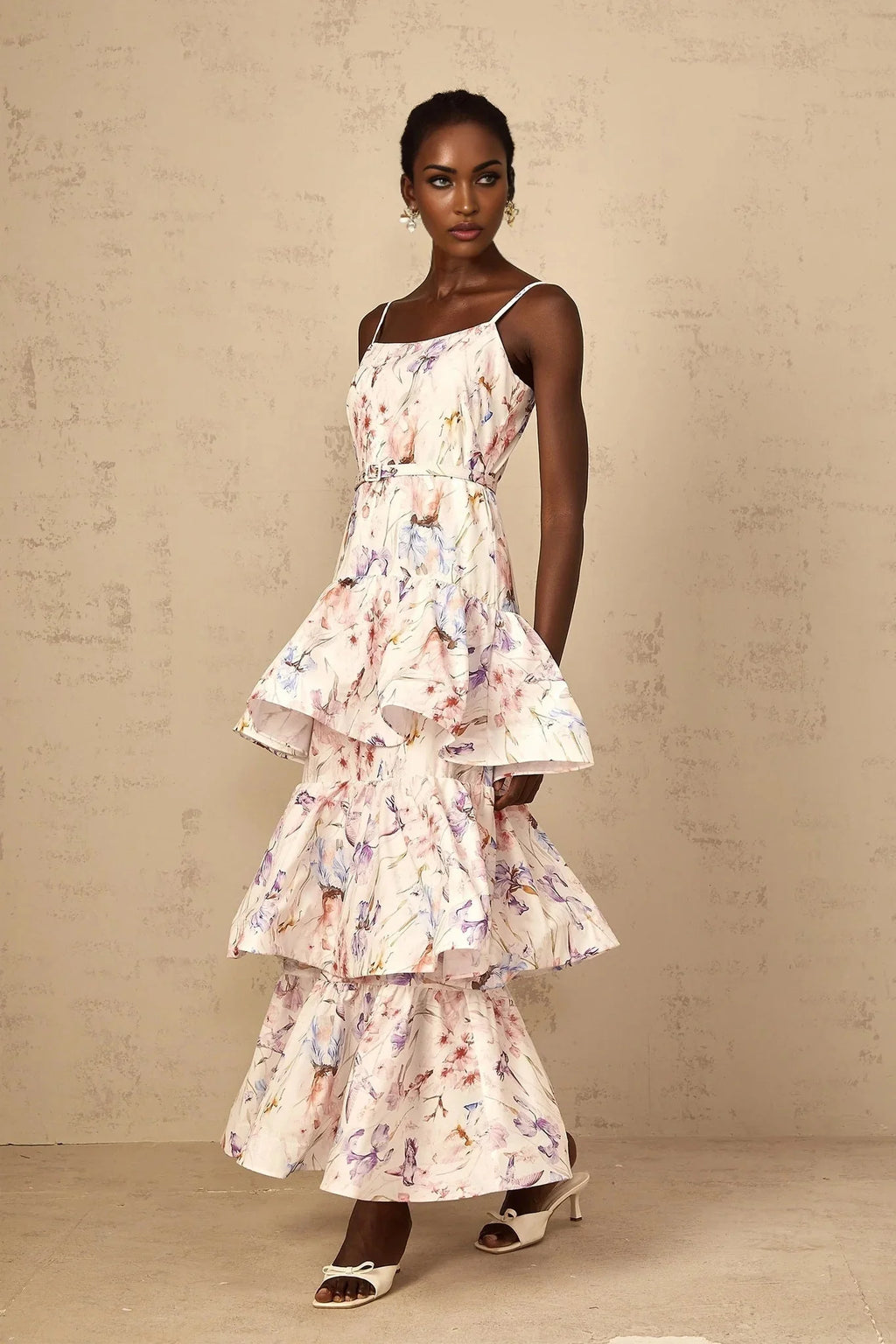 Tullia Maxi Dress White Floral Print Ruffled Tiered & Sleeveless