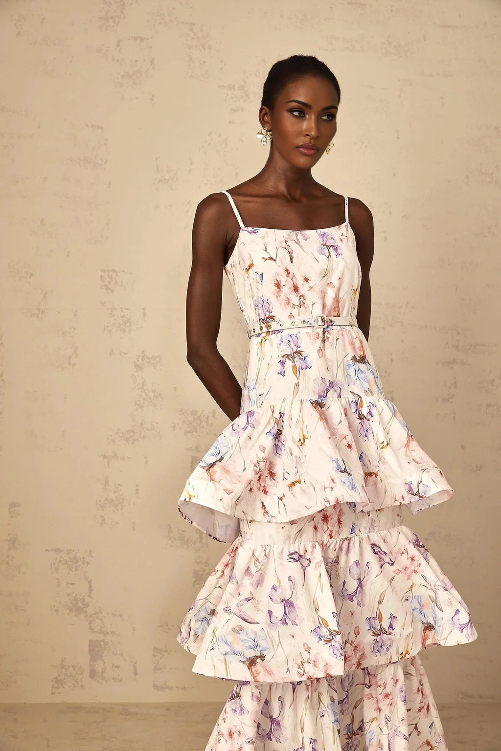 Tullia Maxi Dress White Floral Print Ruffled Tiered & Sleeveless