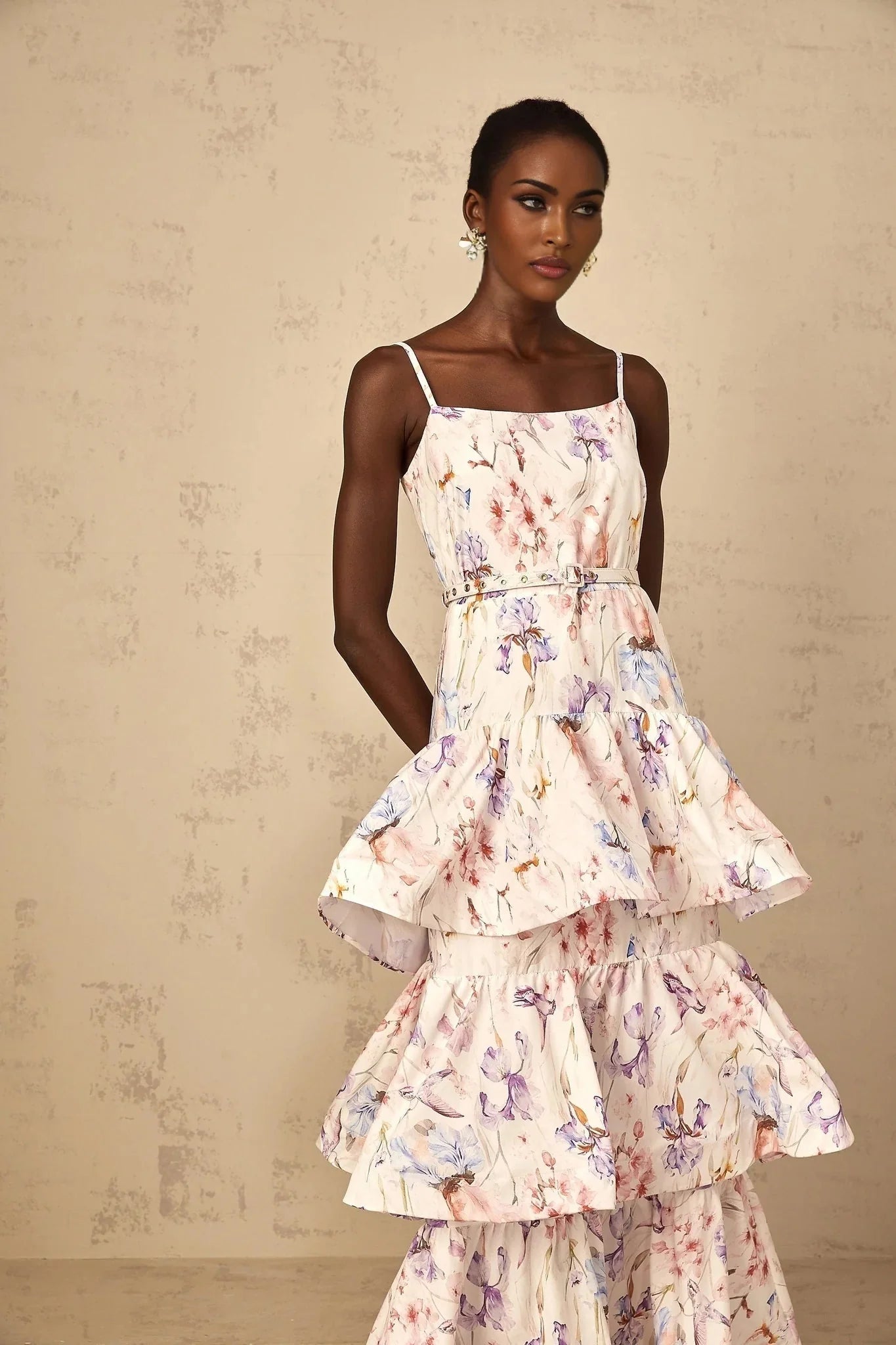 Tullia Maxi Dress White Floral Print Ruffled Tiered & Sleeveless