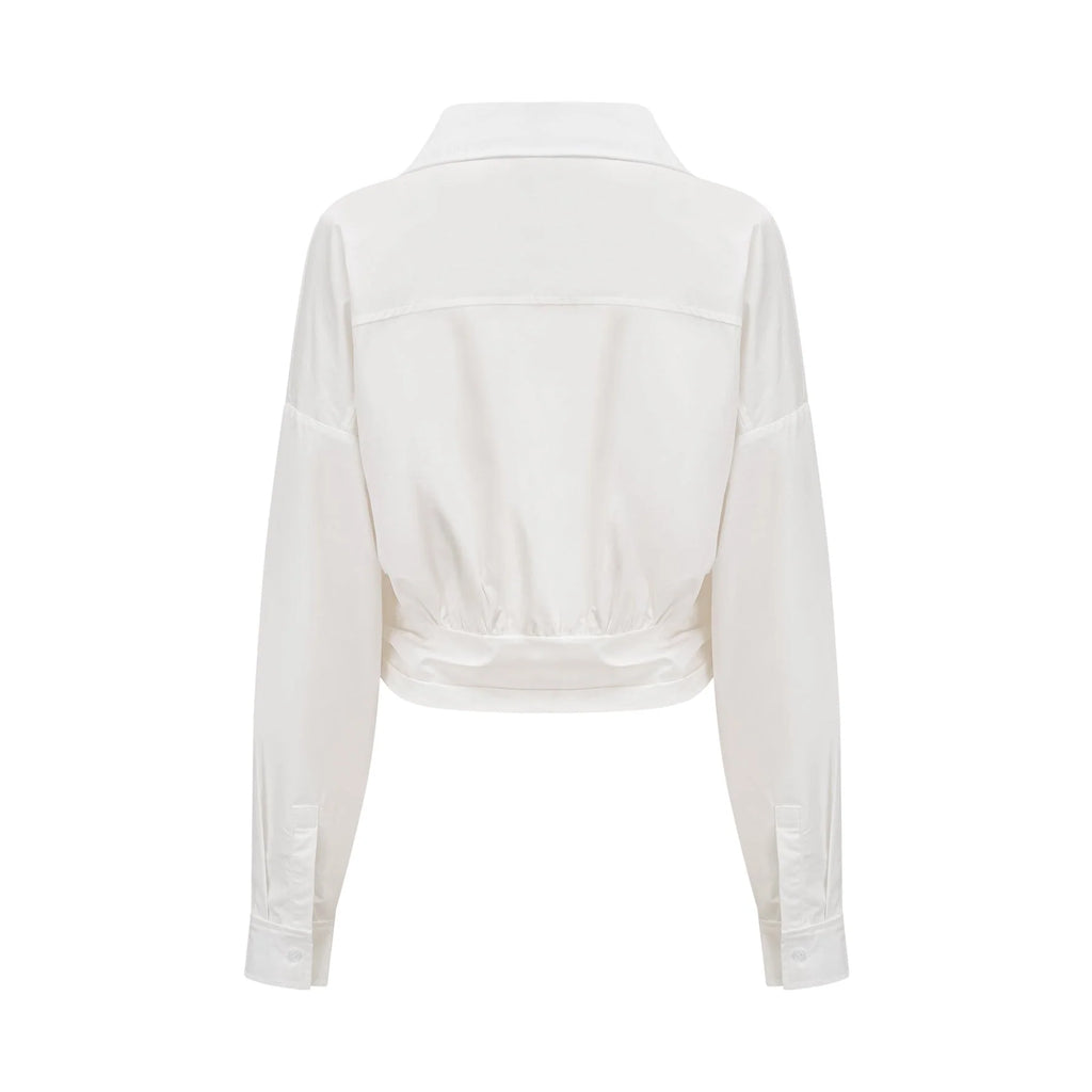 Tullia Shirt White Asymmetric Wrap Ruched Cropped & Long Sleeve