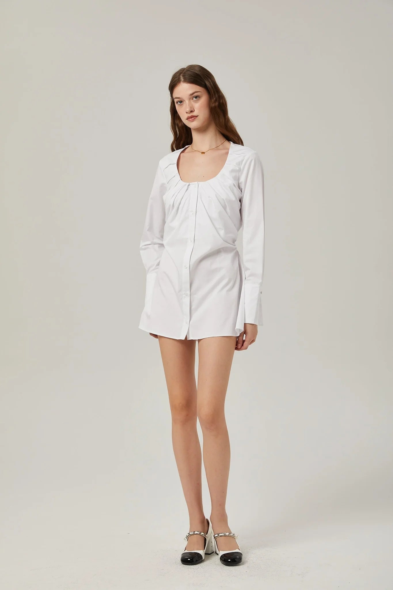 Tullia Shirt White Pleat Detail Thigh Length Self Tie