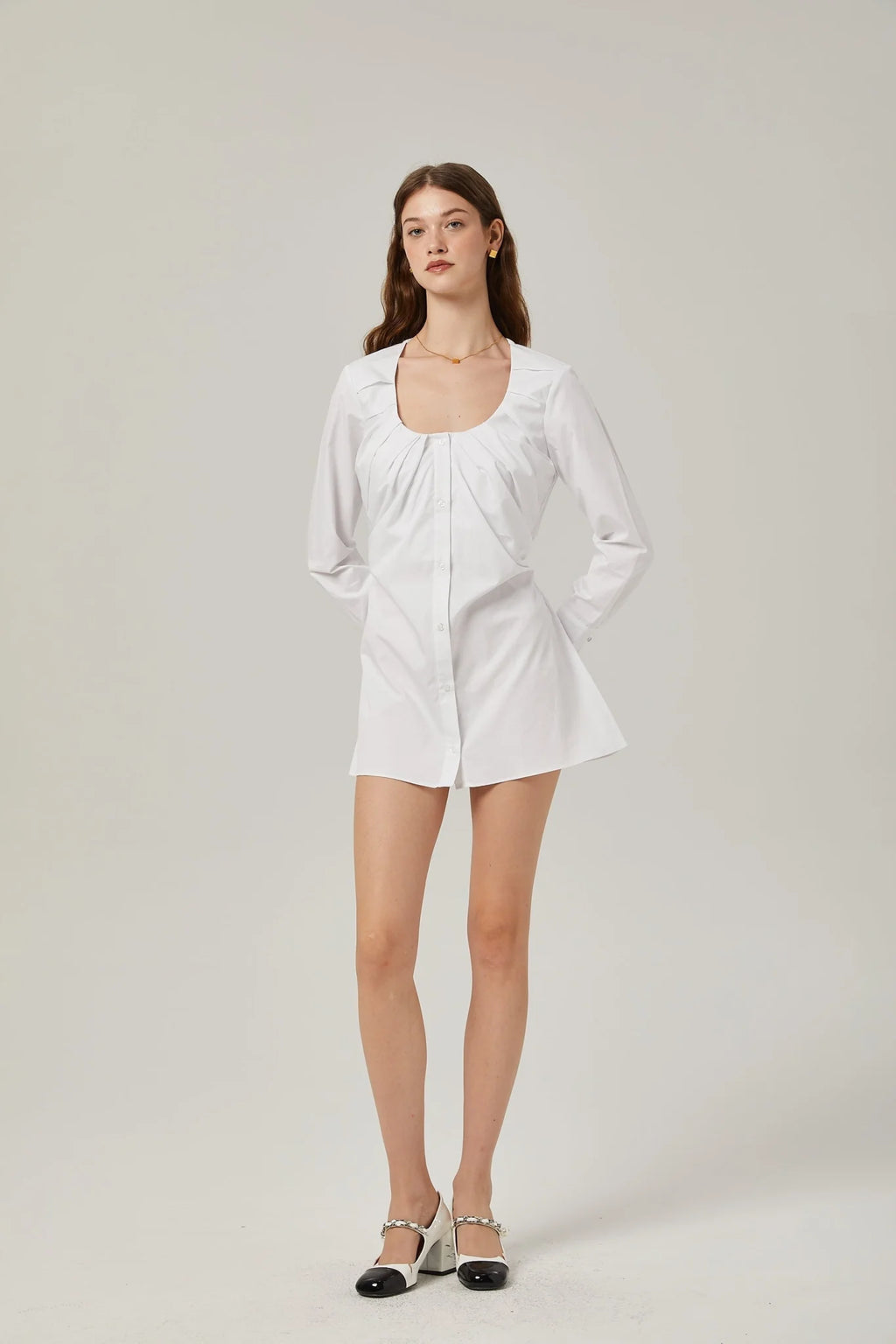 Tullia Shirt White Pleat Detail Thigh Length Self Tie