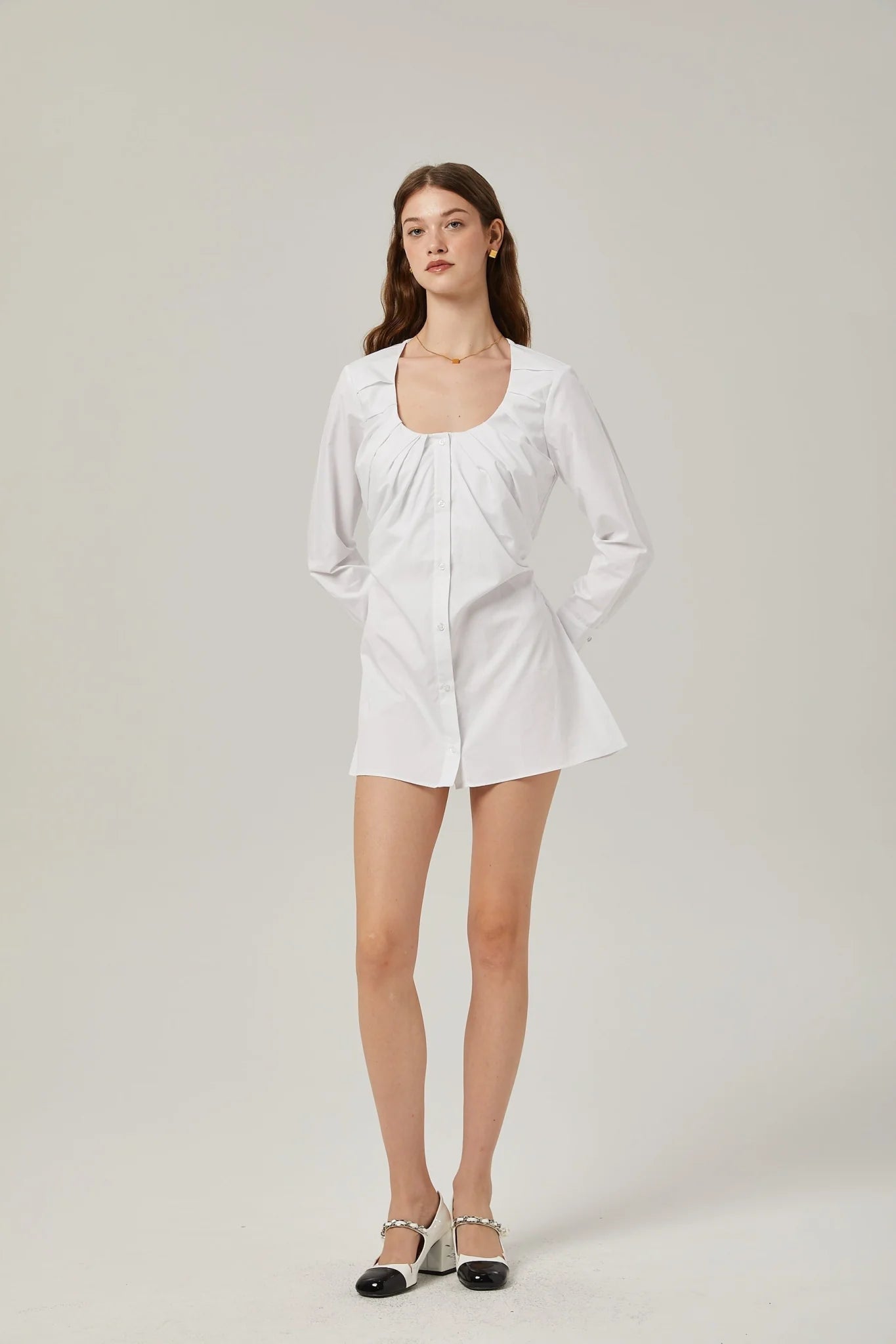 Tullia Shirt White Pleat Detail Thigh Length Self Tie