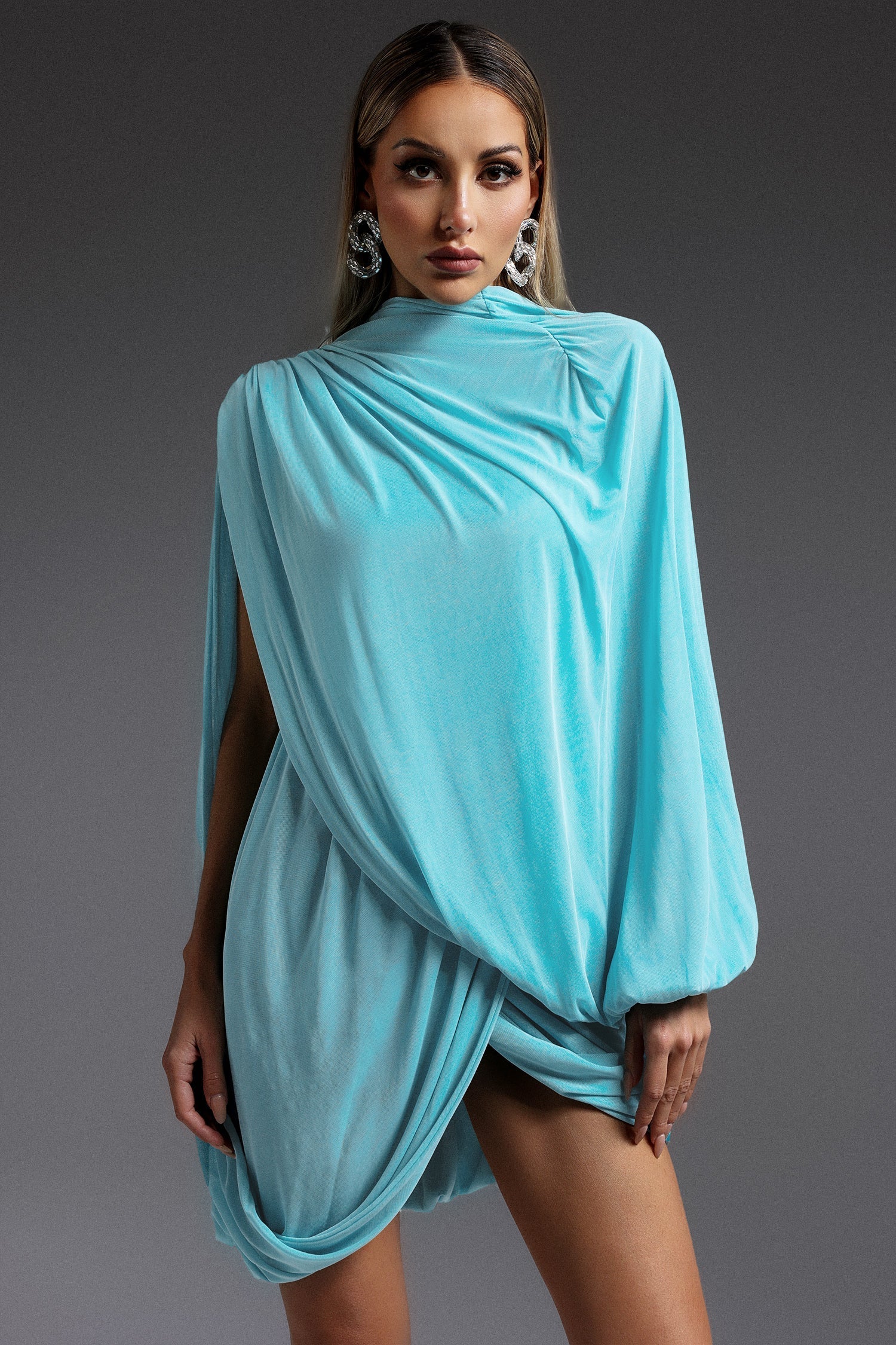 Turquoise Ternan Long Sleeve Fold Splice Mini Dress