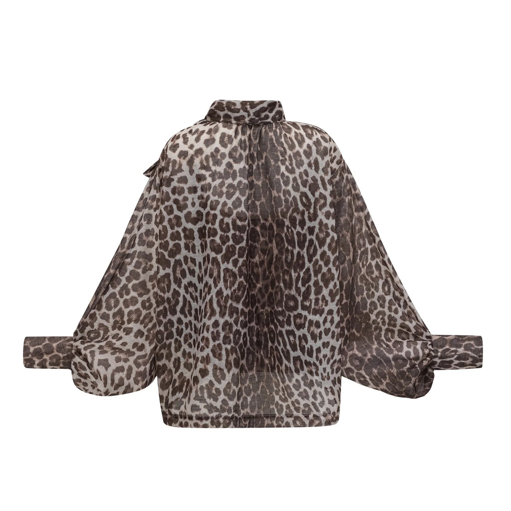 Ursula Blouse with Leopard Print Oversize Sleeves & Attached Scarf