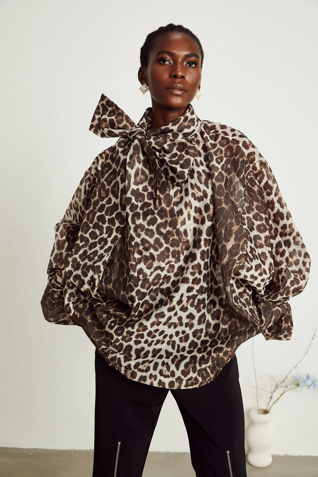 Ursula Blouse with Leopard Print Oversize Sleeves & Attached Scarf