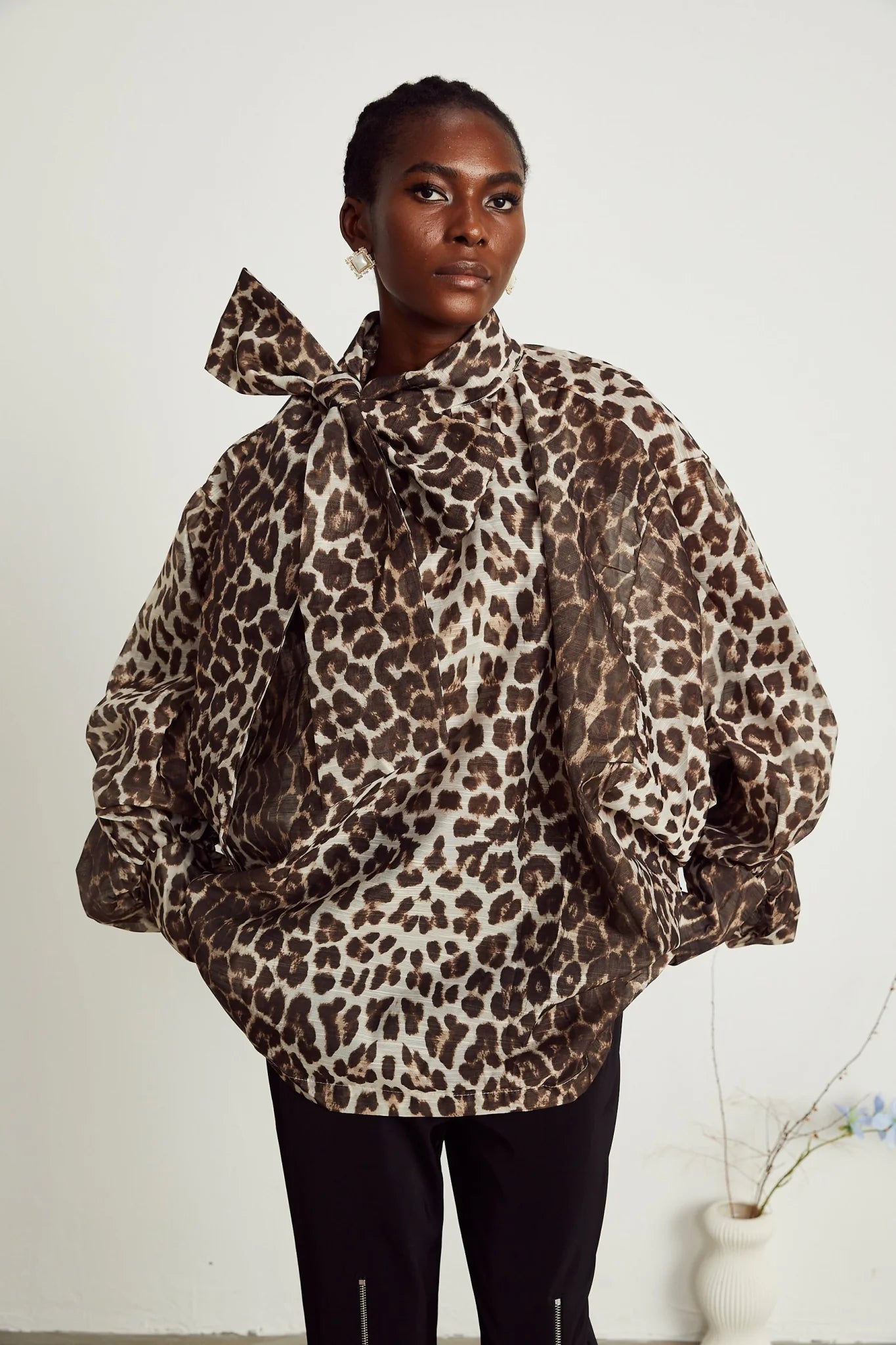 Ursula Blouse with Leopard Print Oversize Sleeves & Attached Scarf