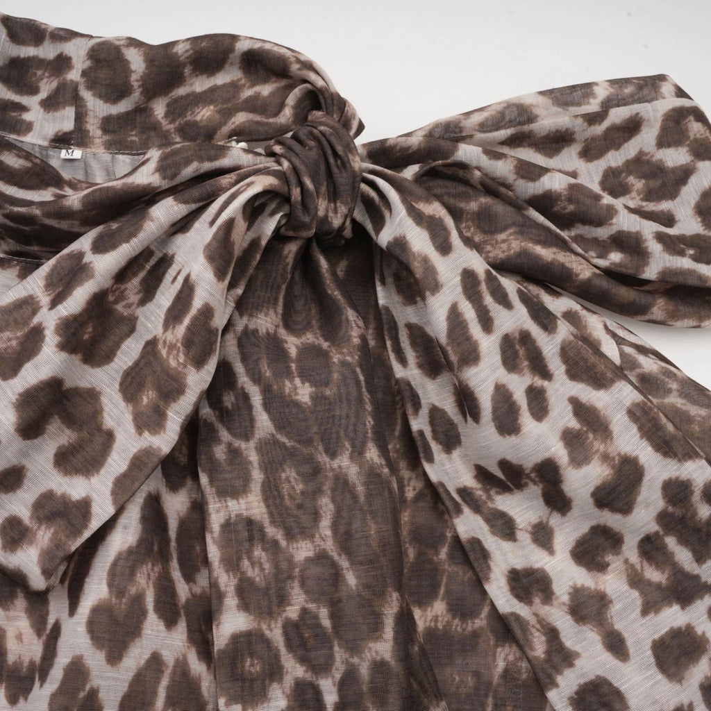 Ursula Blouse with Leopard Print Oversize Sleeves & Attached Scarf