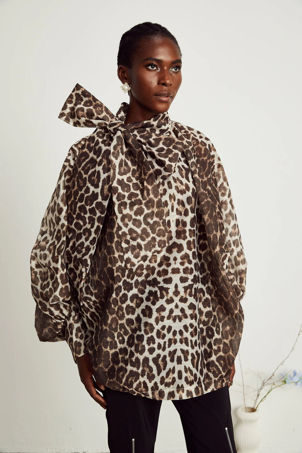 Ursula Blouse with Leopard Print Oversize Sleeves & Attached Scarf