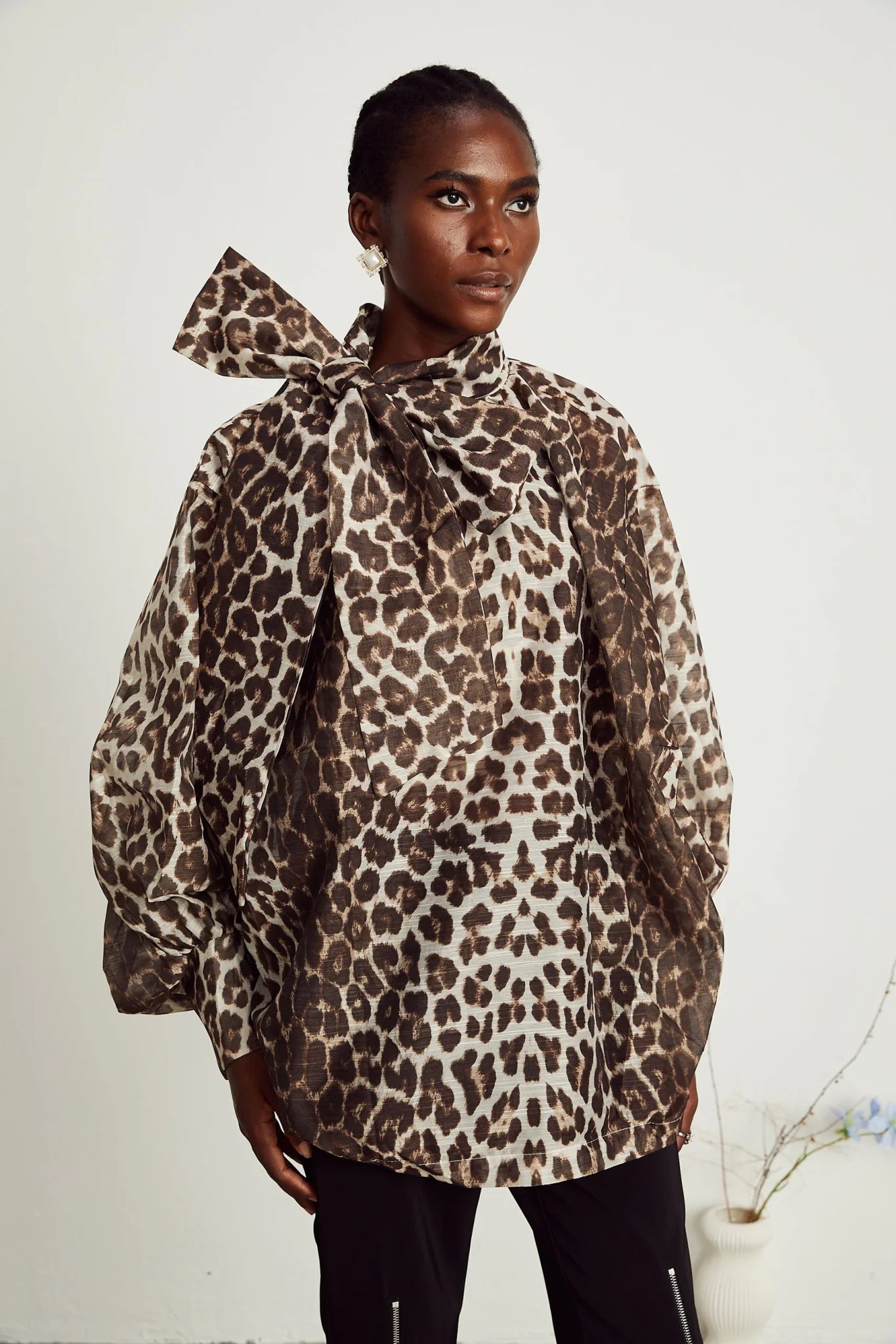 Ursula Blouse with Leopard Print Oversize Sleeves & Attached Scarf