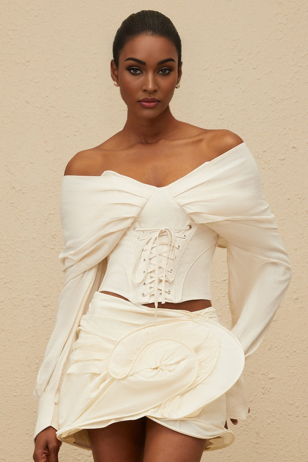 Vada Crop Top - Off - Shoulder - Boned - Lace - Up - Long Sleeve