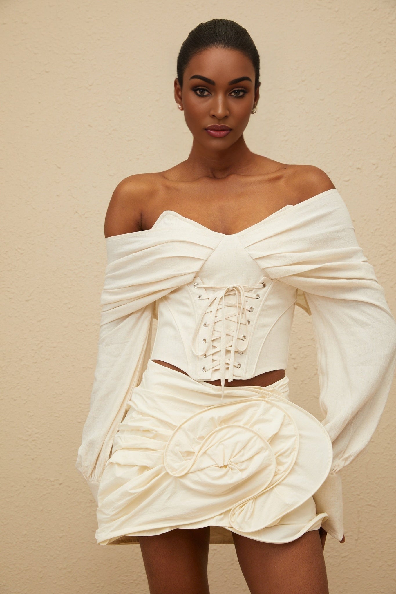 Vada Crop Top - Off - Shoulder - Boned - Lace - Up - Long Sleeve