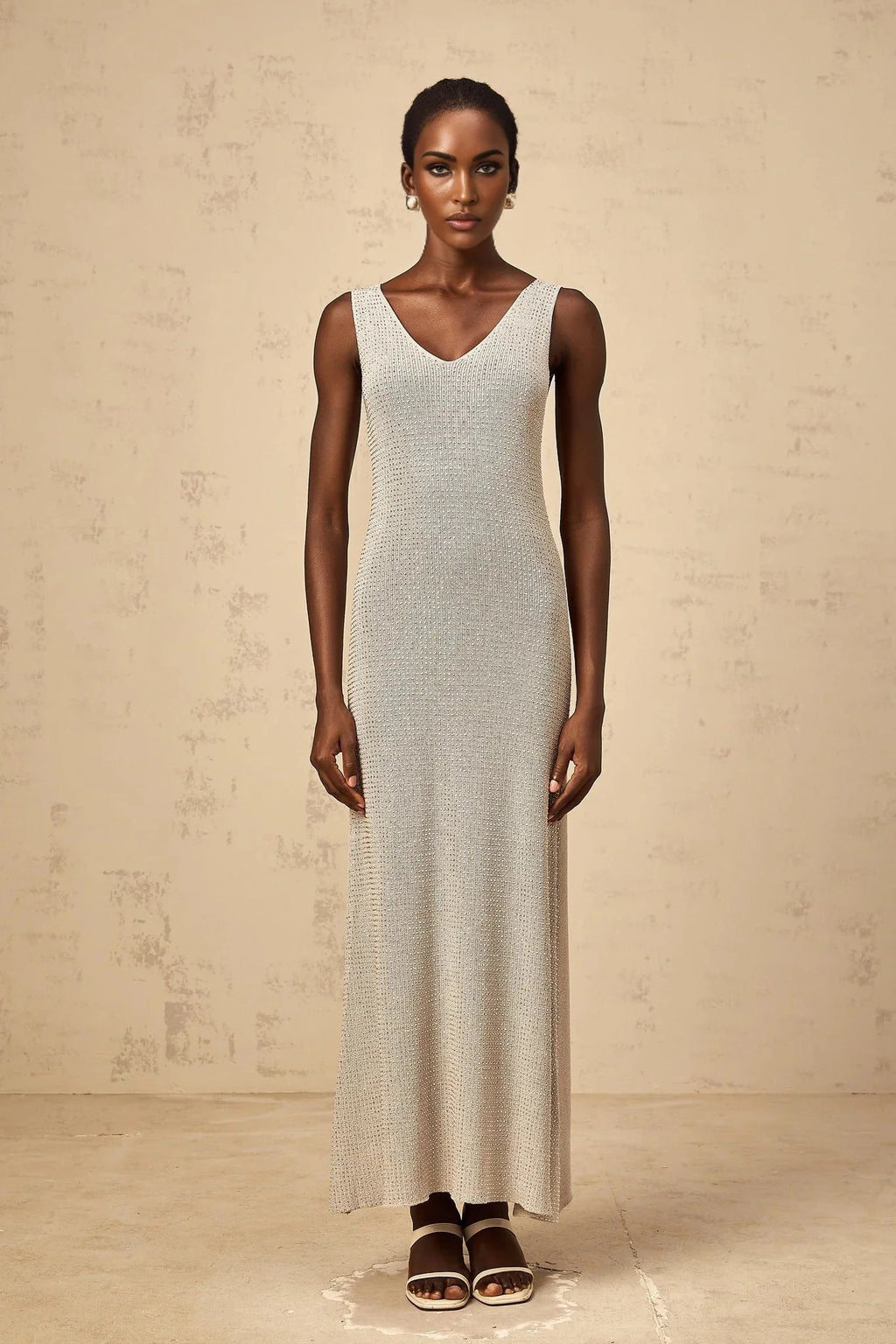 Vada Maxi Dress Grey & Silver Rhinestone Knit