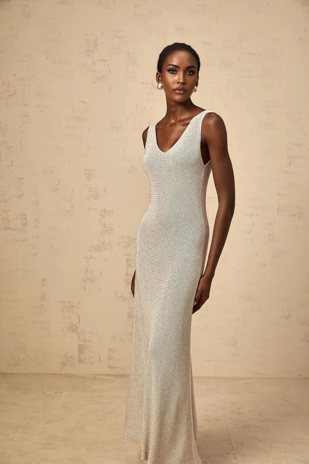 Vada Maxi Dress Grey & Silver Rhinestone Knit