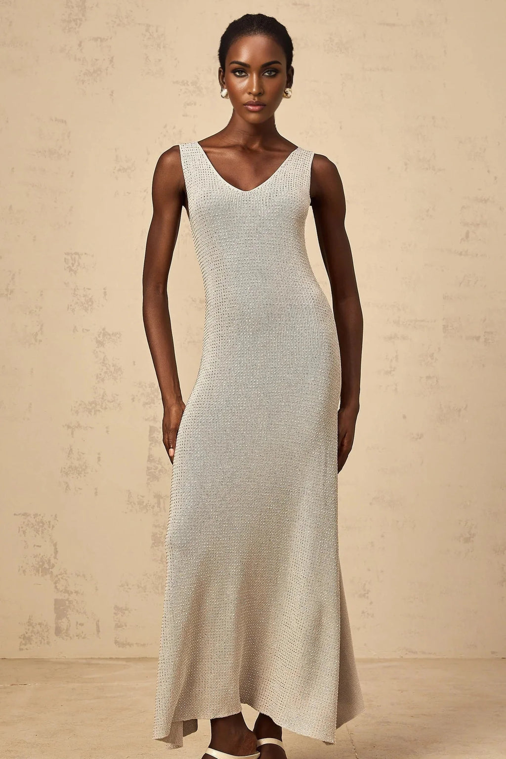 Vada Maxi Dress Grey & Silver Rhinestone Knit