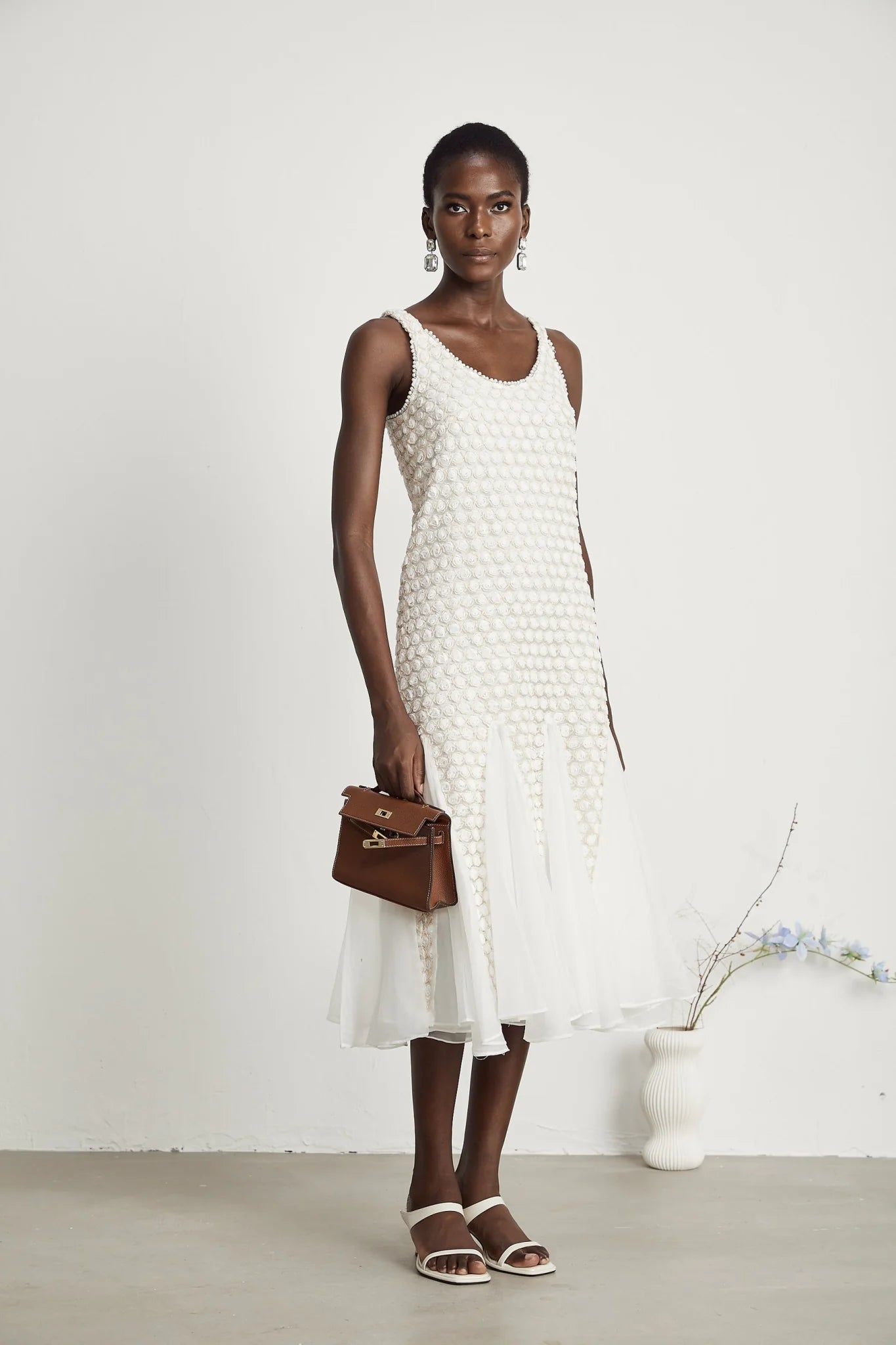 Vada Midi Dress White Faux Flower Tulle Irregular Hemline